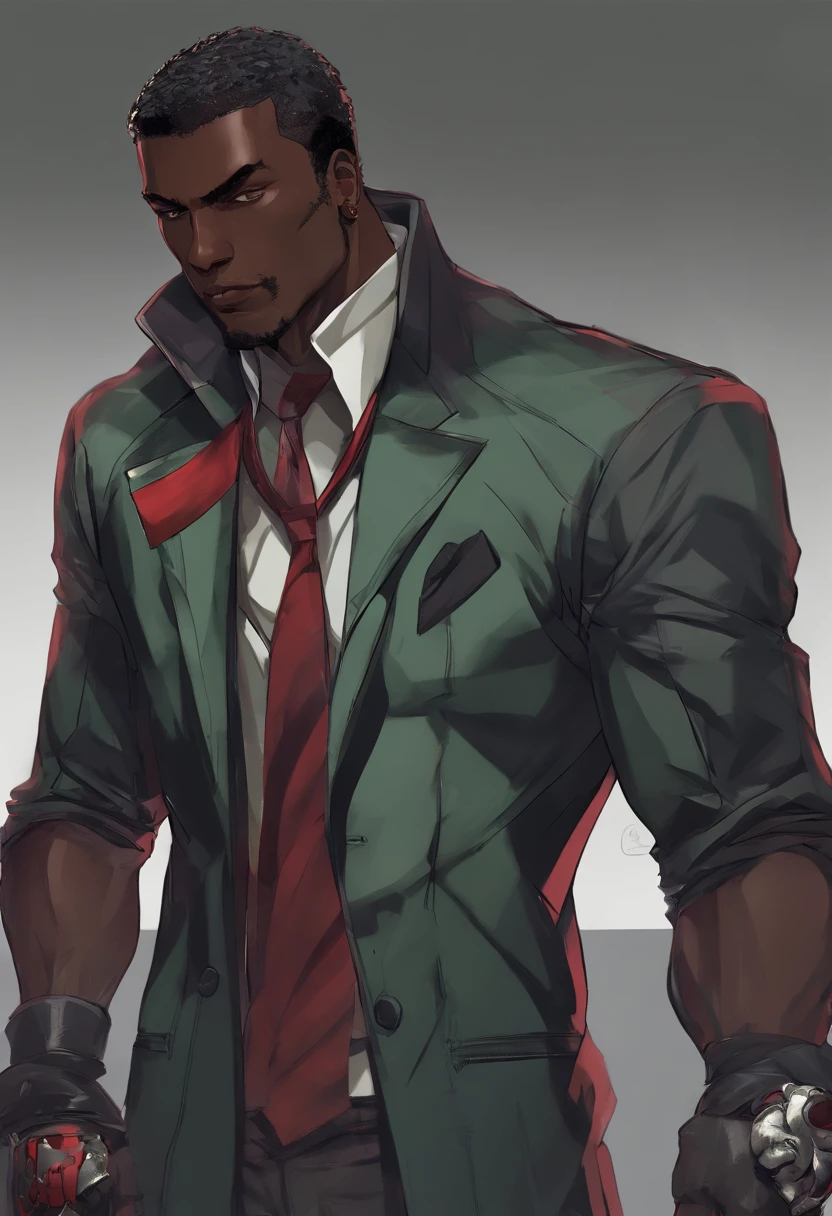 a close up of a dark skin person wearing a formal shirt with pinstripe pants and black boots, while sporting a pair of brass knuckles and a burgundy jacket with skull insignias adorning the arms and a fur collar. This creates the visage of a high-class gangster. , African American character in tekken, dark green eyes, undercut hairstyle, half body close-up shot, male character, single character full body, full body shot hyperdetailed, style of mirror\'s edge, kentaro miura style, half body render,, highly detailed half body, half body portrait shot