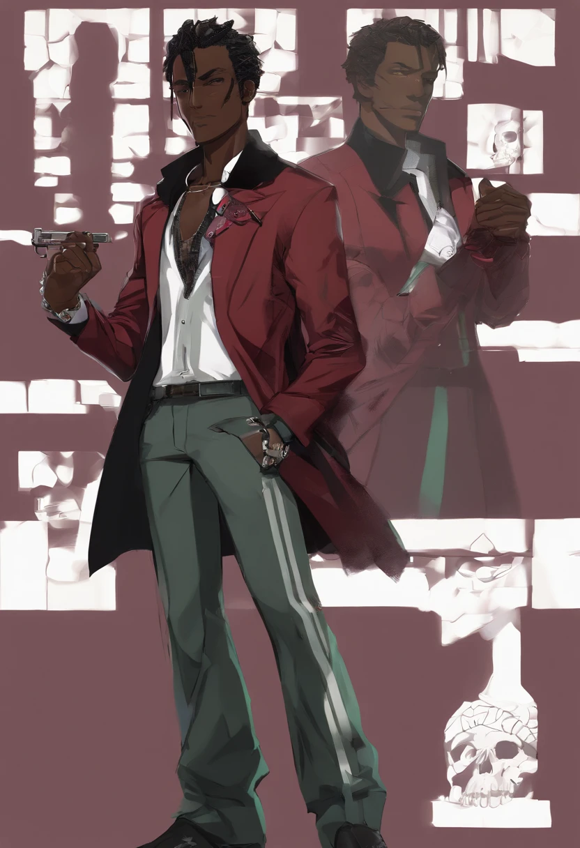 a close up of a dark skin person wearing a formal shirt with pinstripe pants and black boots, while sporting a pair of brass knuckles and a burgundy jacket with skull insignias adorning the arms and a fur collar. This creates the visage of a high-class gangster. , African American character in tekken, dark green eyes, undercut hairstyle, half body close-up shot, male character, single character full body, full body shot hyperdetailed, style of mirror\'s edge, kentaro miura style, half body render,, highly detailed half body, half body portrait shot