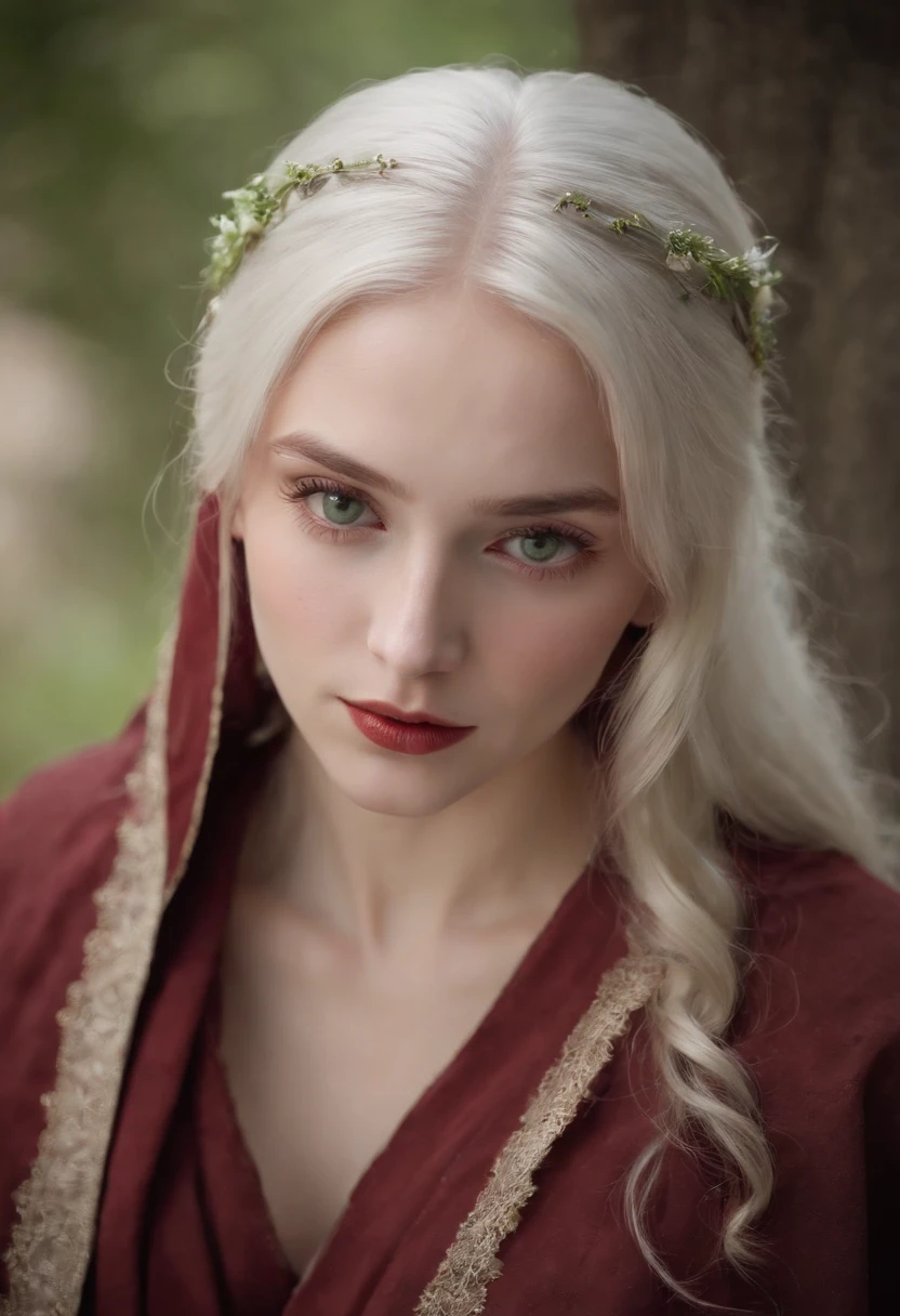 (((a deep reddish wound crosses her left cheek))) fair complexion, woman around 19 years old, natural white hair, distinctive green eyes, wearing kohl, slender and graceful, beautiful, candlelight in a medieval setting, ultra sharp focus, realistic shot, medieval female clothes, tetradic colors (scar:1.4)