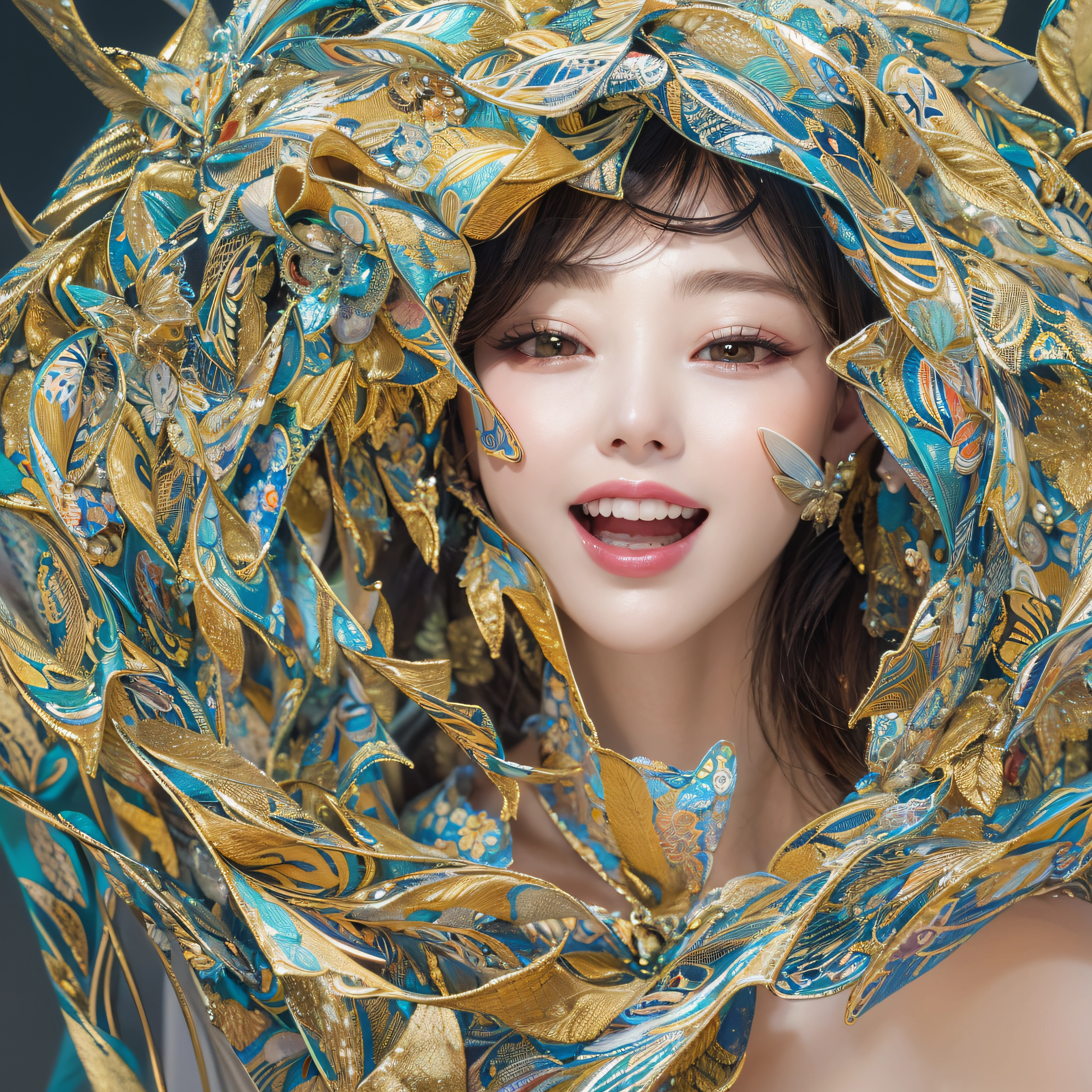 A close up of a woman wearing a blue and gold headdress - SeaArt AI
