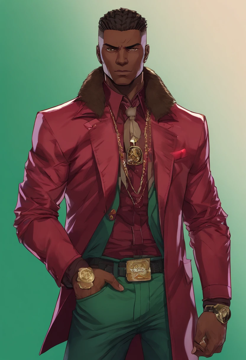 a close up of a dark skin person wearing a formal shirt with pinstripe pants and black boots, while sporting a pair of brass knuckles and a burgundy jacket with skull insignias adorning the arms and a fur collar. This creates the visage of a high-class gangster. , African American character in tekken, dark green eyes, undercut hairstyle, half body close-up shot, male character, single character full body, full body shot hyperdetailed, style of mirror\'s edge, kentaro miura style, half body render,, highly detailed half body, half body portrait shot