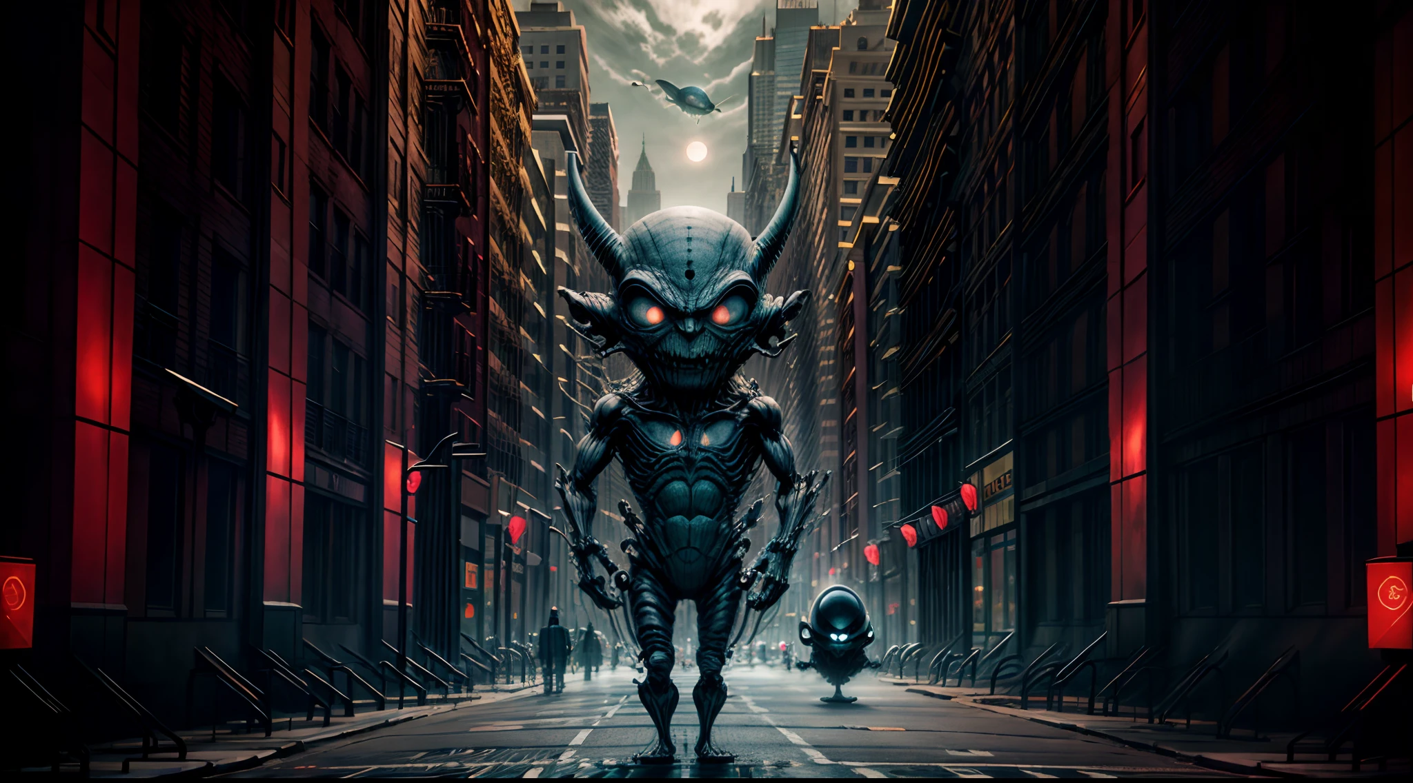 very creepy grey alien standing in the street, new york city, cinematic, unsettling