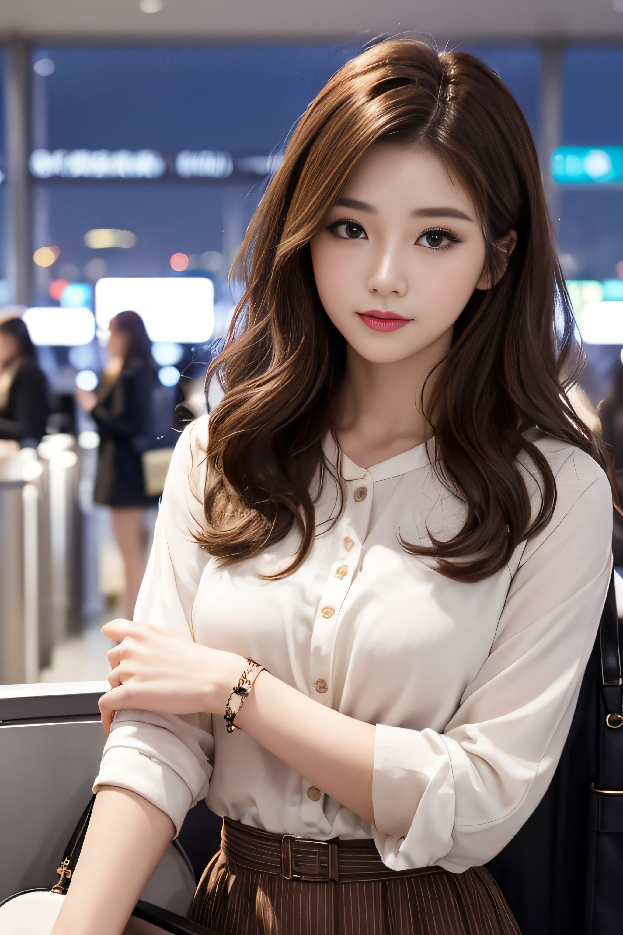 1womanl、Early 20s、(Strong-willed super beauty)、(ultra beautiful faces)、is standing、Wearing makeup、Wavy brown hair、(Airport at night:1.1)、Large windows at the departure gate、(Night view from the background window)、Shallow depth of field