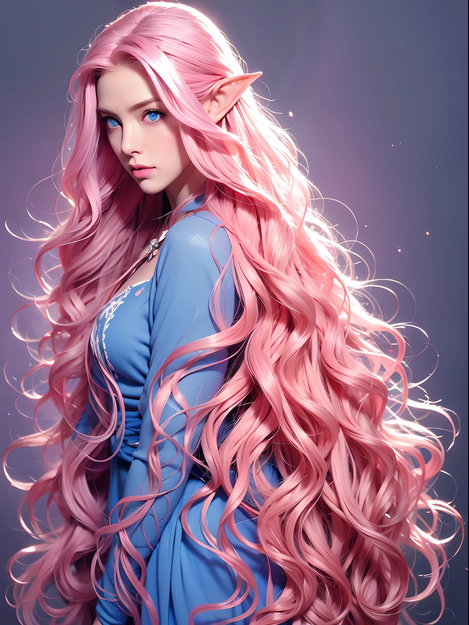 A Woman, long curly hair, pink hair, blue eyes, elf, full body
