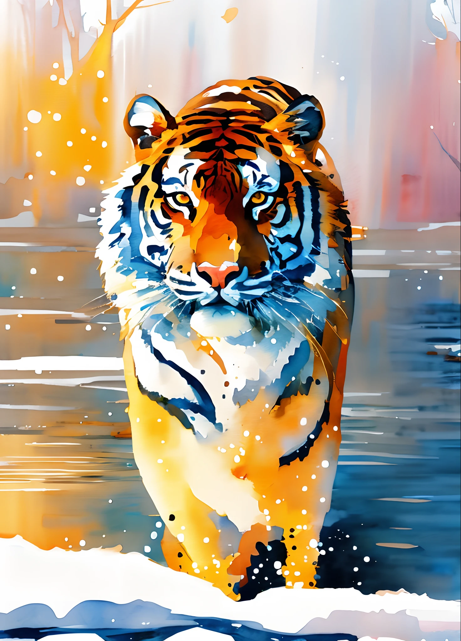 Digital art of (tiger in snow by creek), official art, frontal, water mirror, golden hour, masterpiece, Beautiful, ((watercolor)), paint splatter, intricate details, [dripping:0.5], Trending on artstation, in Watercolor Style, Watercolor, (Rachel Walker), Museum Epic Impressionist Maximalist Masterpiece, Thick Brush Strokes,