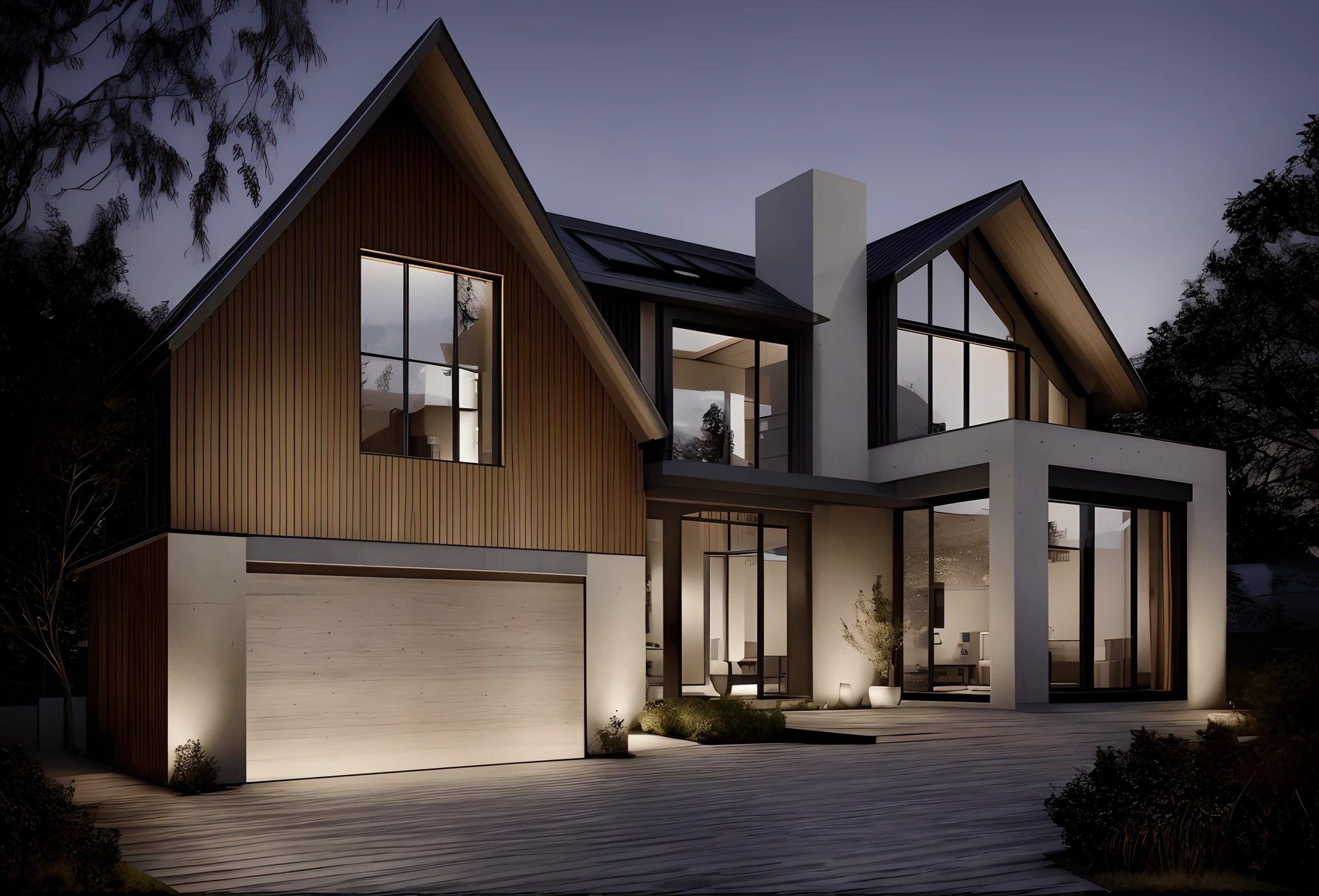 gable roof, modern Scandinavian house, floor-to-ceiling windows, smooth limestone accents, wood accents, black garage door, award winning render, contemporary house, a photorealistic rendering, fully detailed render, large modern residence, 4k, dusk, dramatic exterior lighting, exterior design,