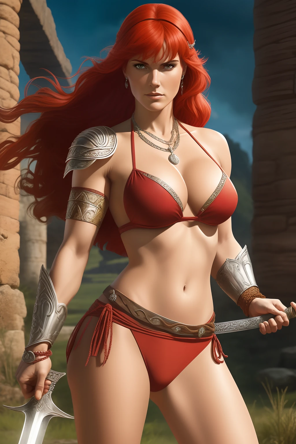 ((sfw))Red Sonja,1mulher guerreira, cabelos longos ondulados jogados ao vento, pelo ruivo, olhos verdes selvagens, Slender athletic body, wearing a bikini made of silver knit chain(escamas de peixe), Thong also made with the same type of quota, usando, botas feitas de couro envelhecido(cor marrom), wielding a long-bladed sword, bastante afiada, standing on the field of battle, guerreira imponente, invincible Red Sonja,((epic scene))((cena detalhada))((sfw)).