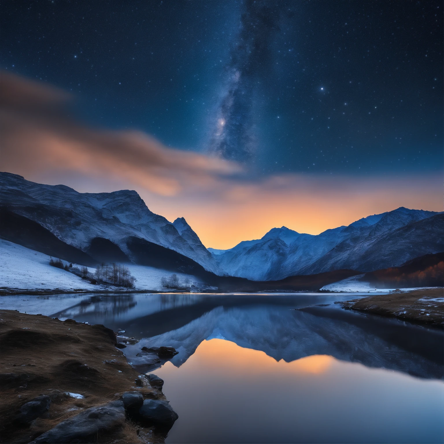 Master Parts、Superior Quality、superior image quality、The 8k quality、Beautiful pictures of the starry sky、magnifica、Arched Milky Way:1.9、Yan Yue、Blue glowing lake:1.9、(snowscape:1.9)