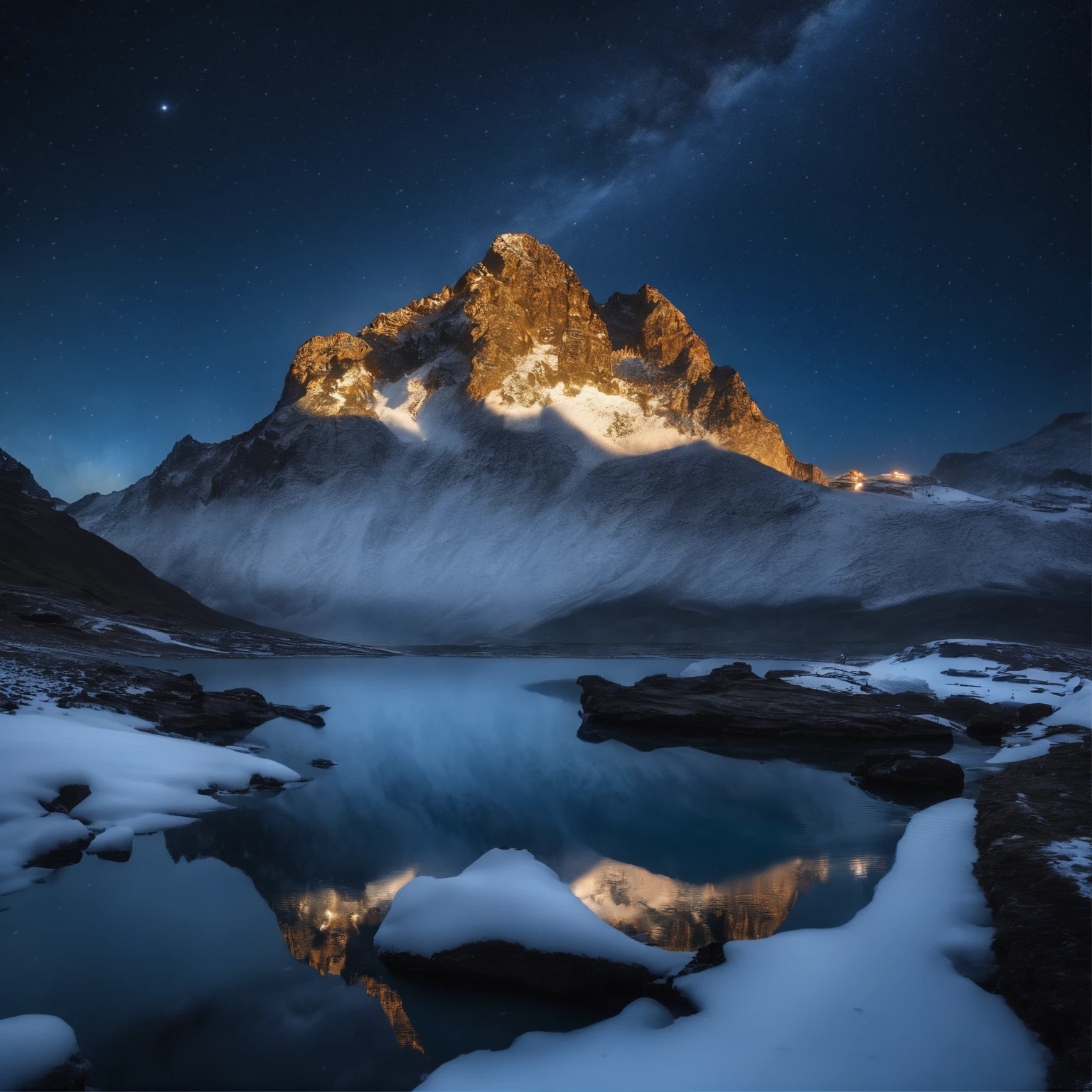 Master Parts、Superior Quality、superior image quality、The 8k quality、Beautiful pictures of the starry sky、magnifica、Arched Milky Way:1.9、Yan Yue、Blue glowing lake:1.9、(snowscape:1.9)