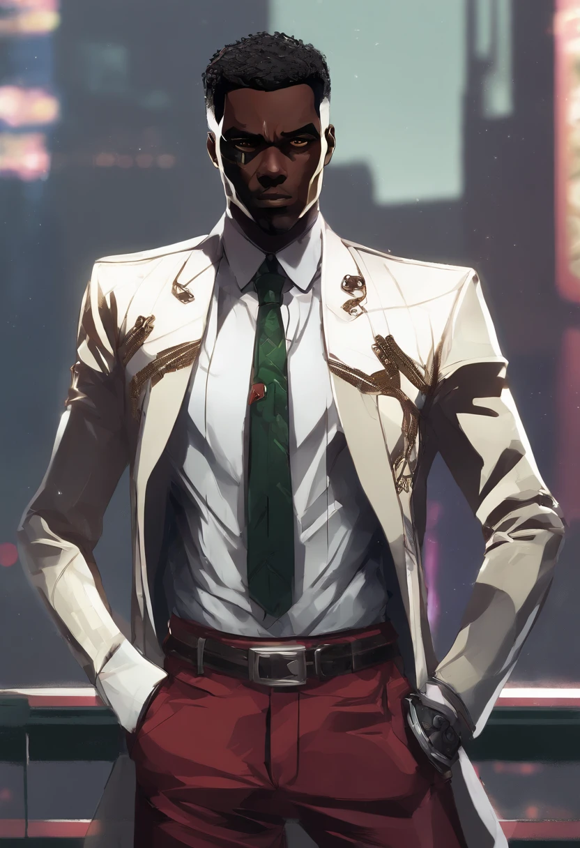 a close up of a dark skin person wearing a formal shirt with pinstripe pants and black boots, while sporting a pair of brass knuckles and a burgundy jacket with skull insignias adorning the arms and a fur collar. This creates the visage of a high-class gangster. , African American character in tekken, dark green eyes, undercut hairstyle, half body close-up shot, male character, single character full body, full body shot hyperdetailed, style of mirror\'s edge, kentaro miura style, half body render,, highly detailed half body, half body portrait shot