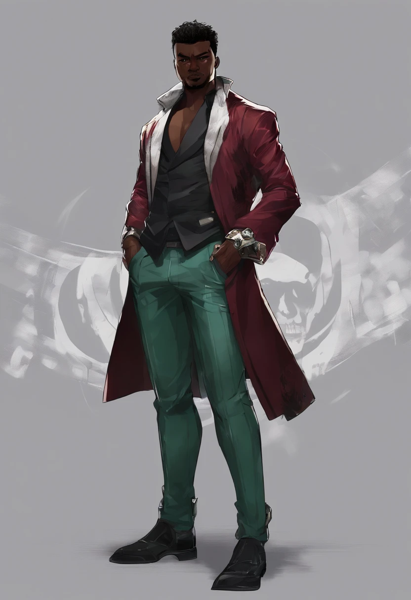 a close up of a dark skin person wearing a formal shirt with pinstripe pants and black boots, while sporting a pair of brass knuckles and a burgundy jacket with skull insignias adorning the arms and a fur collar. This creates the visage of a high-class gangster. , African American character in tekken, dark green eyes, undercut hairstyle, half body close-up shot, male character, single character full body, full body shot hyperdetailed, style of mirror\'s edge, kentaro miura style, half body render,, highly detailed half body, half body portrait shot