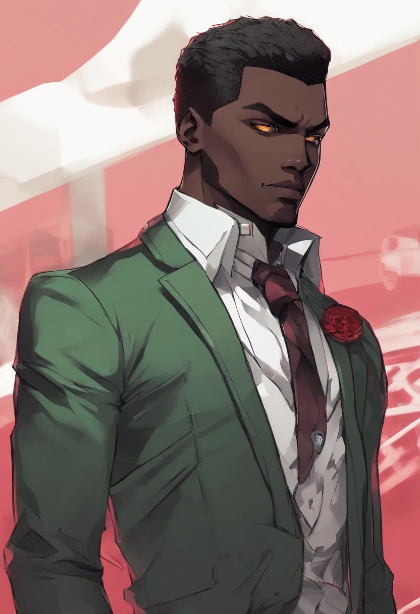 a close up of a dark skin person wearing a formal shirt with pinstripe pants and black boots, while sporting a pair of brass knuckles and a burgundy jacket with skull insignias adorning the arms and a fur collar. This creates the visage of a high-class gangster. , African American character in tekken, dark green eyes, undercut hairstyle, half body close-up shot, male character, single character full body, full body shot hyperdetailed, style of mirror\'s edge, kentaro miura style, half body render,, highly detailed half body, half body portrait shot