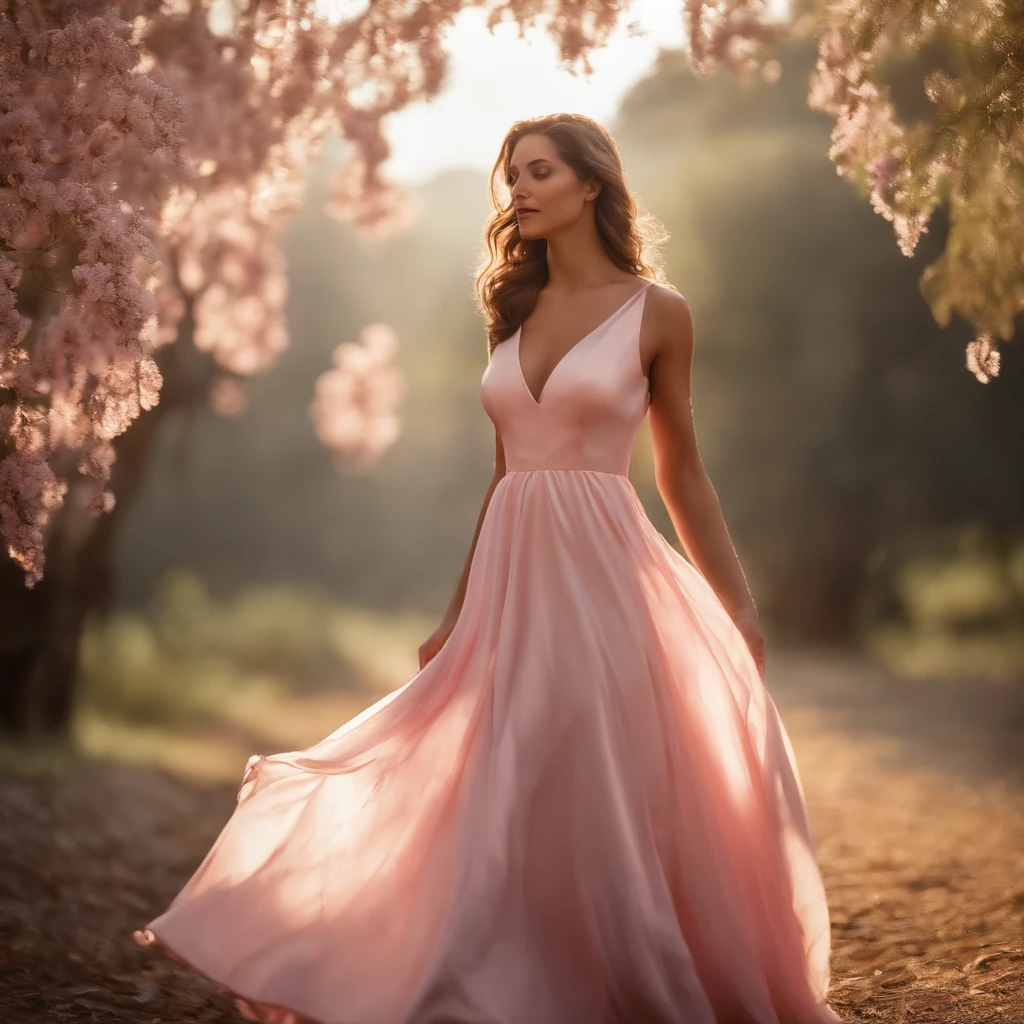 A woman in a light pink dress standing in a cherry forest, Artgerm, paisagem realista, Artgerm detalhado, olhos perfeitos, rosto perfeito, Ultra Detalhado, tiro de corpo inteiro, (Skindentation: 1.5), realista, realista, (obra-prima: 1.5), arte conceitual, detalhes intrincados, altamente detalhado, realista, octane rendering, 8K, motor irreal, dinamic pose, melhor qualidade, alta resolução, (rosto realista: 1.1), (hiper-realismo: 1.1) , ((full_body)), olhos perfeitos, (pele brilhante: 1.2), ((penteado))), ((perfect hands))), (fundo muito detalhado), ((dynamic background), ((lightning), (lightning), ((1girl)), Vestindo um manto, (((Manto de fluxo))), ((Olhos detalhados, Olhos de alta qualidade, Rosto de alta qualidade)), vestido rosa claro extremamente complexos, magical robes), casting lightning, eletricidade, spinning flame, radiation, spark, smoke, magia, (dramatic), epic, campo de batalha, profundidade de campo, bokeh, 4k, gotica, cinzas, particules.