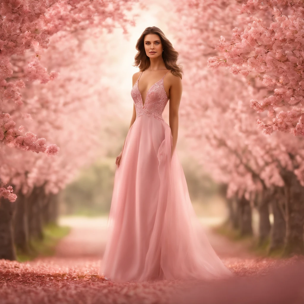 A woman in a light pink dress standing in a cherry forest, Artgerm, paisagem realista, Artgerm detalhado, olhos perfeitos, rosto perfeito, Ultra Detalhado, tiro de corpo inteiro, (Skindentation: 1.5), realista, realista, (obra-prima: 1.5), arte conceitual, detalhes intrincados, altamente detalhado, realista, octane rendering, 8K, motor irreal, dinamic pose, melhor qualidade, alta resolução, (rosto realista: 1.1), (hiper-realismo: 1.1) , ((full_body)), olhos perfeitos, (pele brilhante: 1.2), ((penteado))), ((perfect hands))), (fundo muito detalhado), ((dynamic background), ((lightning), (lightning), ((1girl)), Vestindo um manto, (((Manto de fluxo))), ((Olhos detalhados, Olhos de alta qualidade, Rosto de alta qualidade)), vestido rosa claro extremamente complexos, magical robes), casting lightning, eletricidade, spinning flame, radiation, spark, smoke, magia, (dramatic), epic, campo de batalha, profundidade de campo, bokeh, 4k, gotica, cinzas, particules.