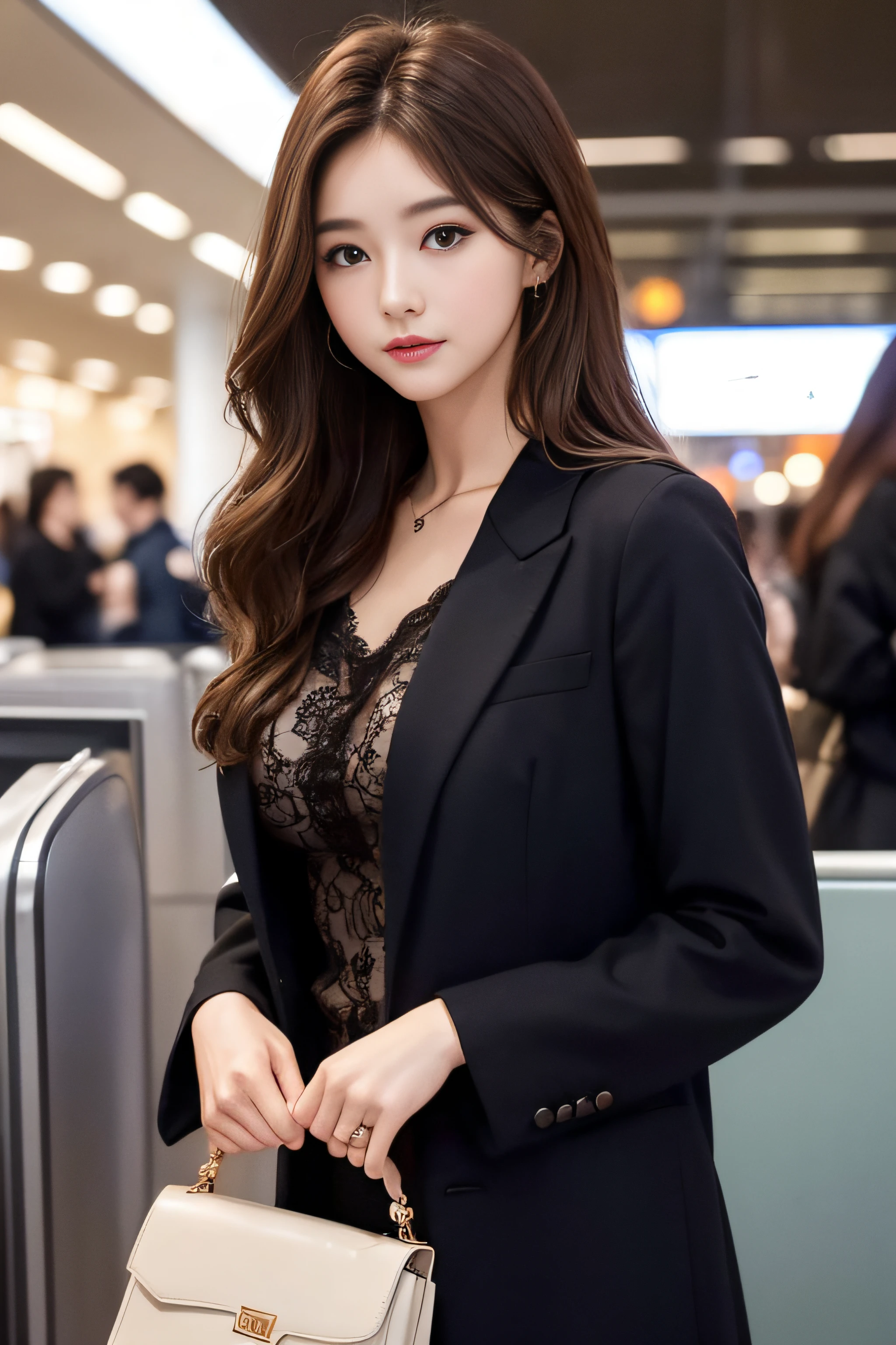 1womanl、Early 20s、(Strong-willed super beauty)、(ultra beautiful faces)、is standing、Wearing makeup、Wavy brown hair、(Airport at night:1.1)、Large windows at the departure gate、(Night view from the background window)、Shallow depth of field