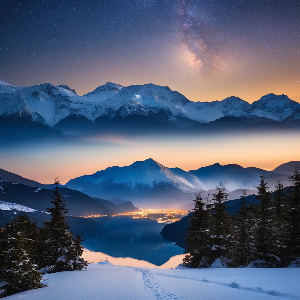 Master Parts、Superior Quality、superior image quality、The 8k quality、Beautiful pictures of the starry sky、magnifica、Arched Milky Way:1.9、Japan Alps、Blue glowing lake:1.9、(snowscape:1.9)
