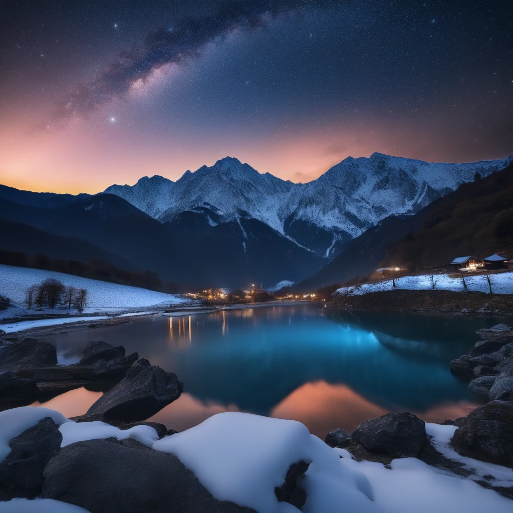 Master Parts、Superior Quality、superior image quality、The 8k quality、Beautiful pictures of the starry sky、magnifica、Arched Milky Way:1.9、Japan Alps、Blue glowing lake:1.9、(snowscape:1.9)