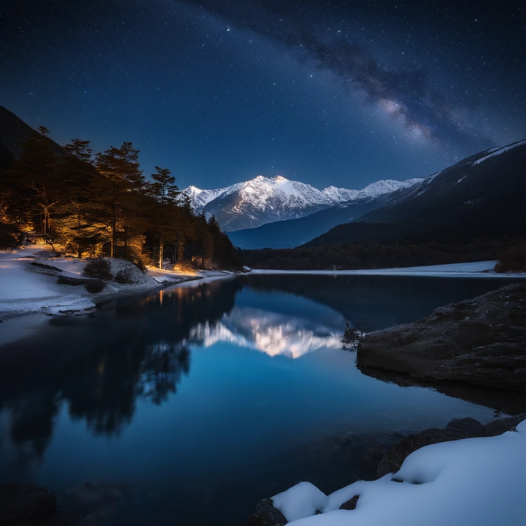 Master Parts、Superior Quality、superior image quality、The 8k quality、Beautiful pictures of the starry sky、magnifica、Arched Milky Way:1.9、Japan Alps、Blue glowing lake:1.9、(snowscape:1.9)