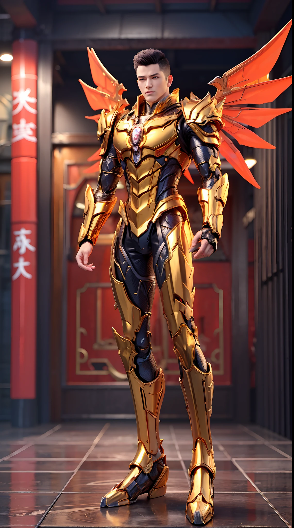 A MAN, HANDSOME FACE, GOLD DRAGON, MECHA ARMOR FULL SUIT, (A PAIR LARGEST WINGS), TRANSPARANT, TALL LEGS, STANDING, MUSCULAR BODY.