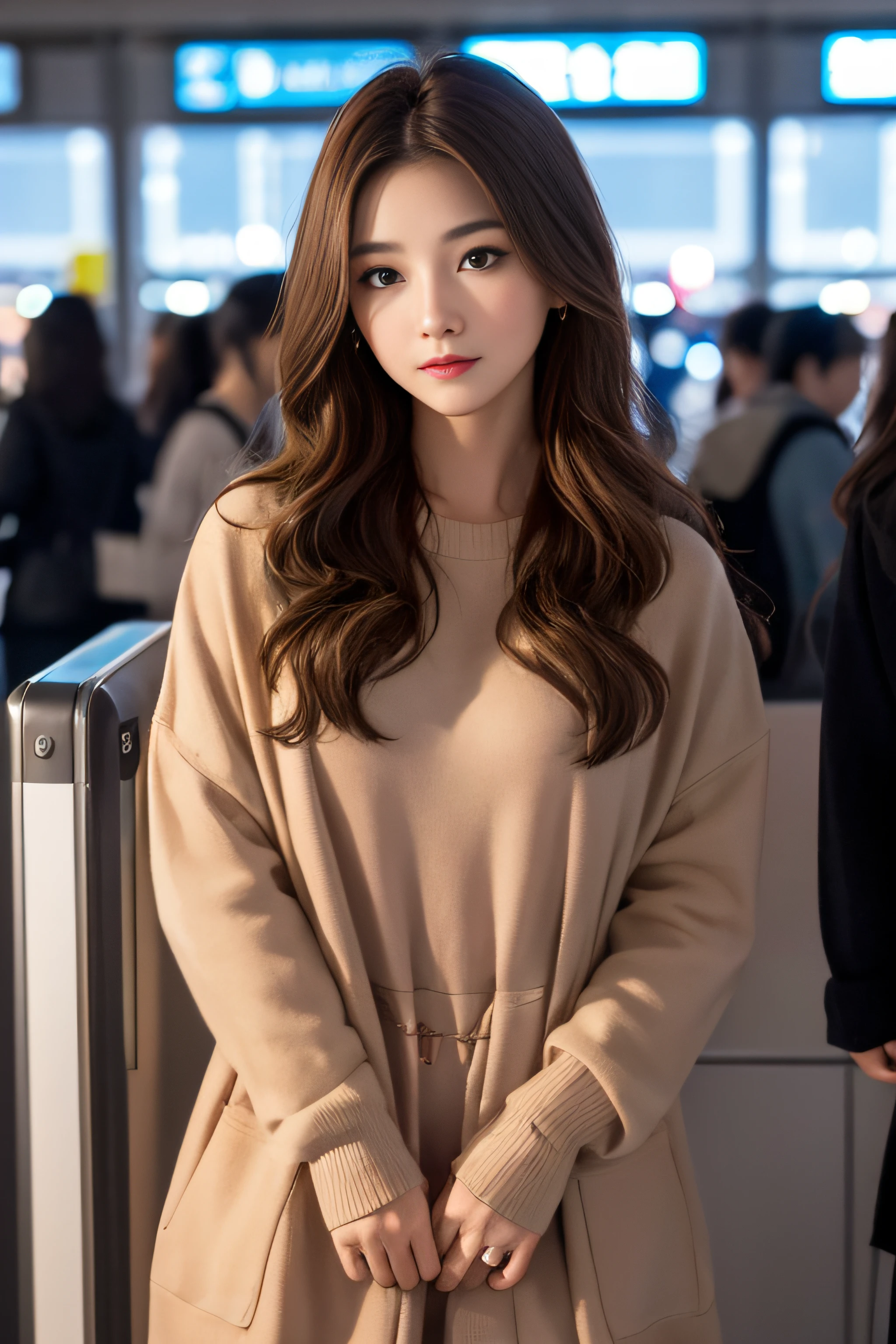 1womanl、Early 20s、(Strong-willed super beauty)、(ultra beautiful faces)、is standing、Wearing makeup、Wavy brown hair、(Airport at night:1.1)、Large windows at the departure gate、(Night view from the background window)、Shallow depth of field