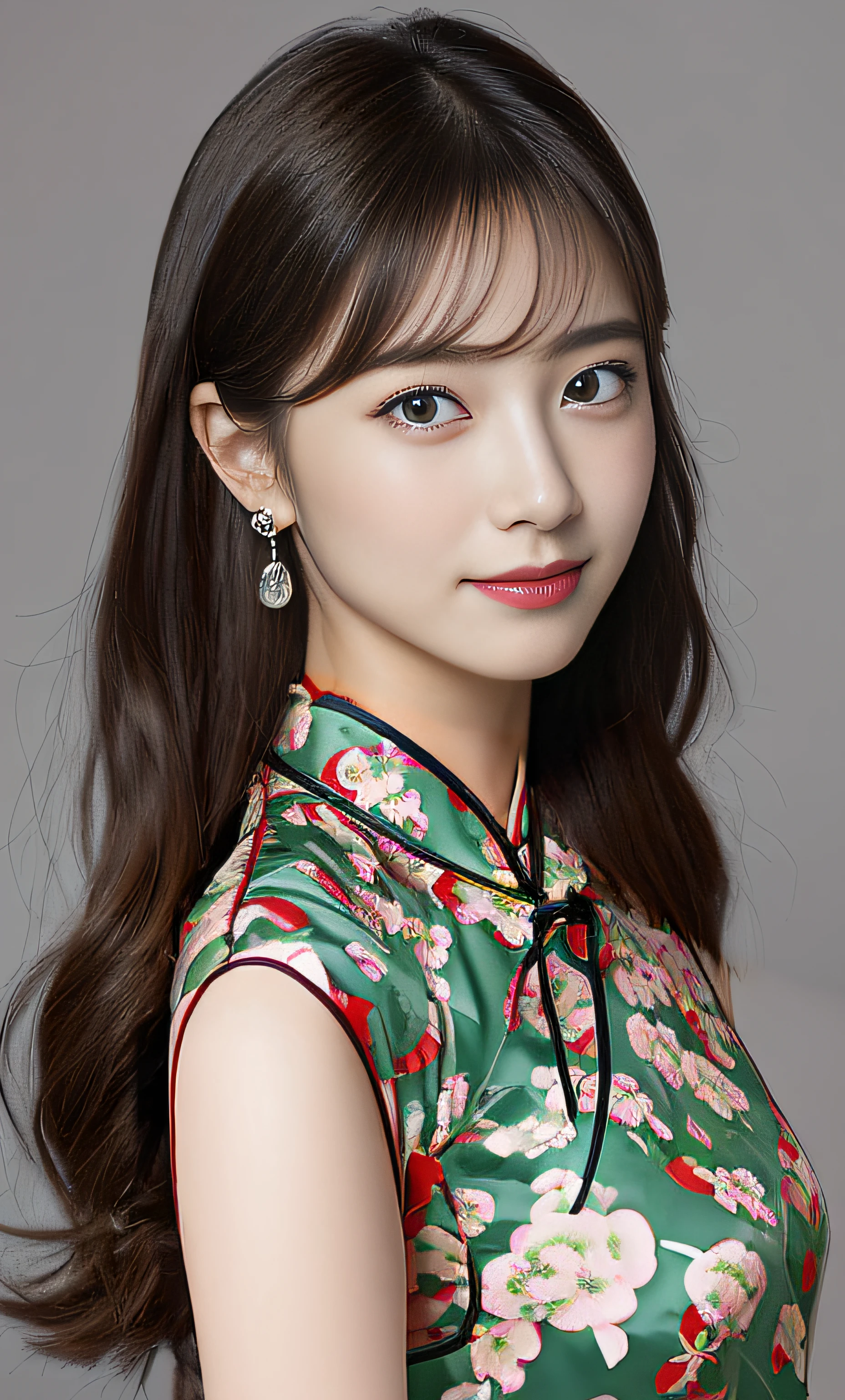 A beautiful girl with off-white long hair, white luminous eyes, green luminous earrings, and a black floral dress with blue and green patterns, masterpiece, studio light, professional, highres, best quality, HDR, shot from the side Light,