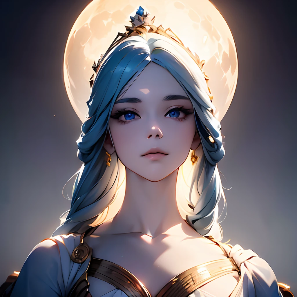 Marble statue of the goddess of the moon, silber hair, sky-blue eyes, A detailed eye, A detailed face, Wearing white clothing, Gold trinkets, Feminine body, Focus on the face, spot light, Detailed shading, highcontrast, masterpiece, top-quality, Top image quality