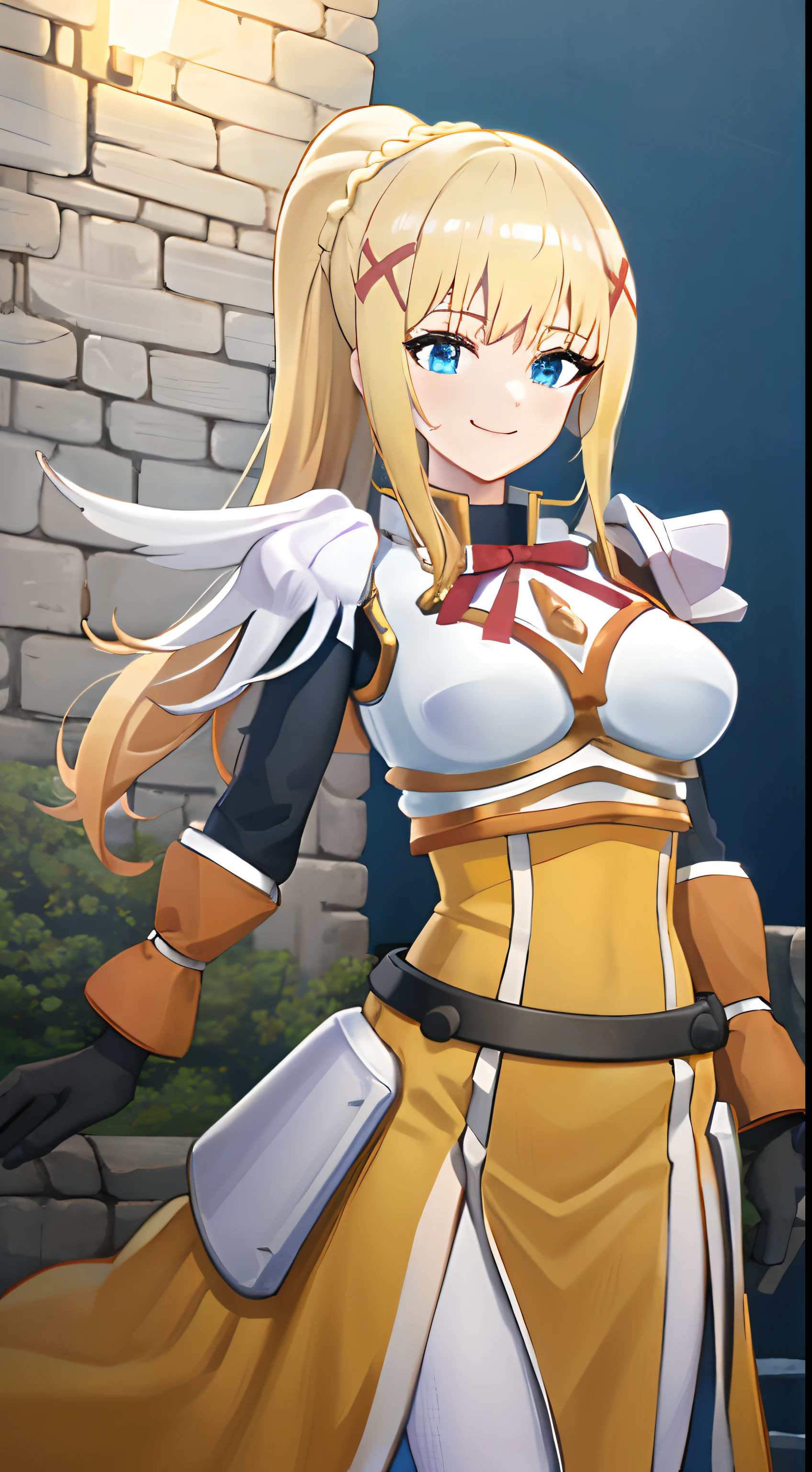 best quality, highres, 1girl, long hair, blonde hair, x hair ornament, armor, blue eyes, ponytail, hair ornament, gloves, shoulder armor, braid, black gloves, pauldrons, white boots, darkness \(konosuba\), large breasts, cowboy shot, castle, outdoors, smile,