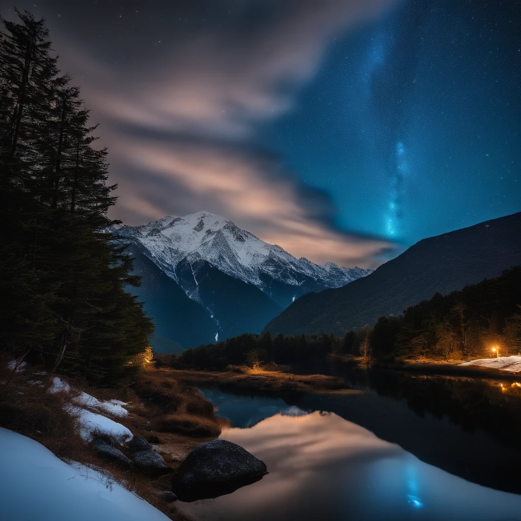 Master Parts、Superior Quality、superior image quality、The 8k quality、Beautiful pictures of the starry sky、magnifica、Arched Milky Way:1.9、Japan Alps、Blue glowing lake:1.9、(snowscape:1.9)