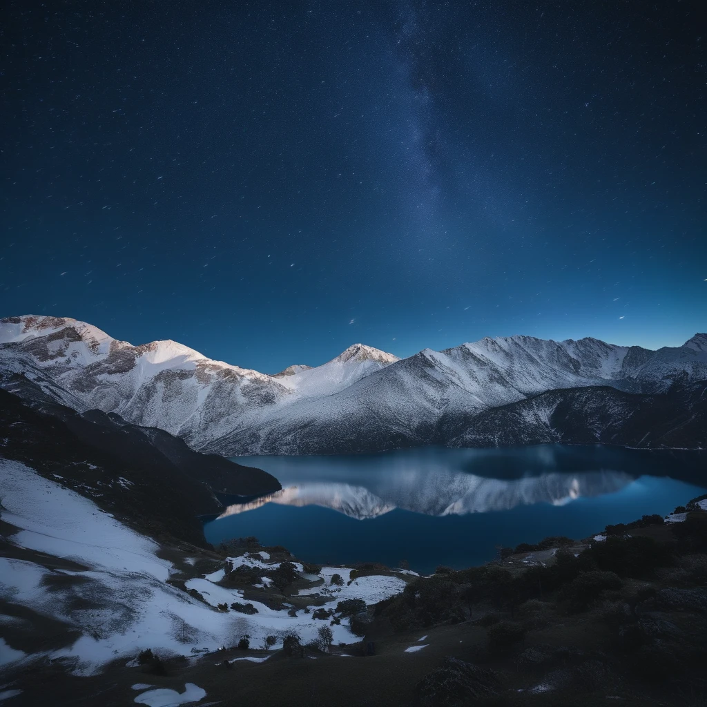 Master Parts、Superior Quality、superior image quality、The 8k quality、Beautiful pictures of the starry sky、magnifica、Arched Milky Way:1.9、Japan Alps、Blue glowing lake:1.9、(snowscape:1.9)