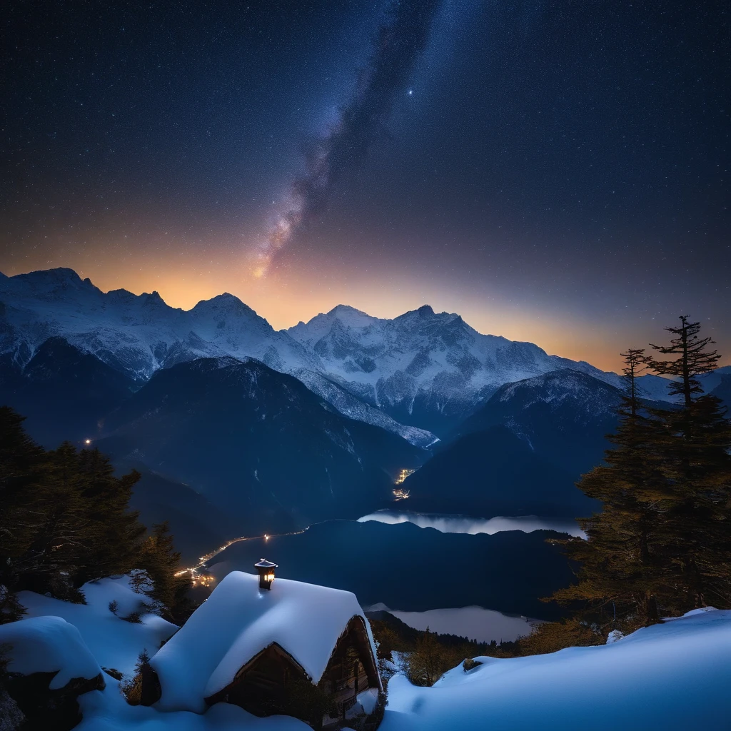 Master Parts、Superior Quality、superior image quality、The 8k quality、Beautiful pictures of the starry sky、magnifica、Arched Milky Way:1.9、Japan Alps、Blue glowing lake:1.9、(snowscape:1.9)