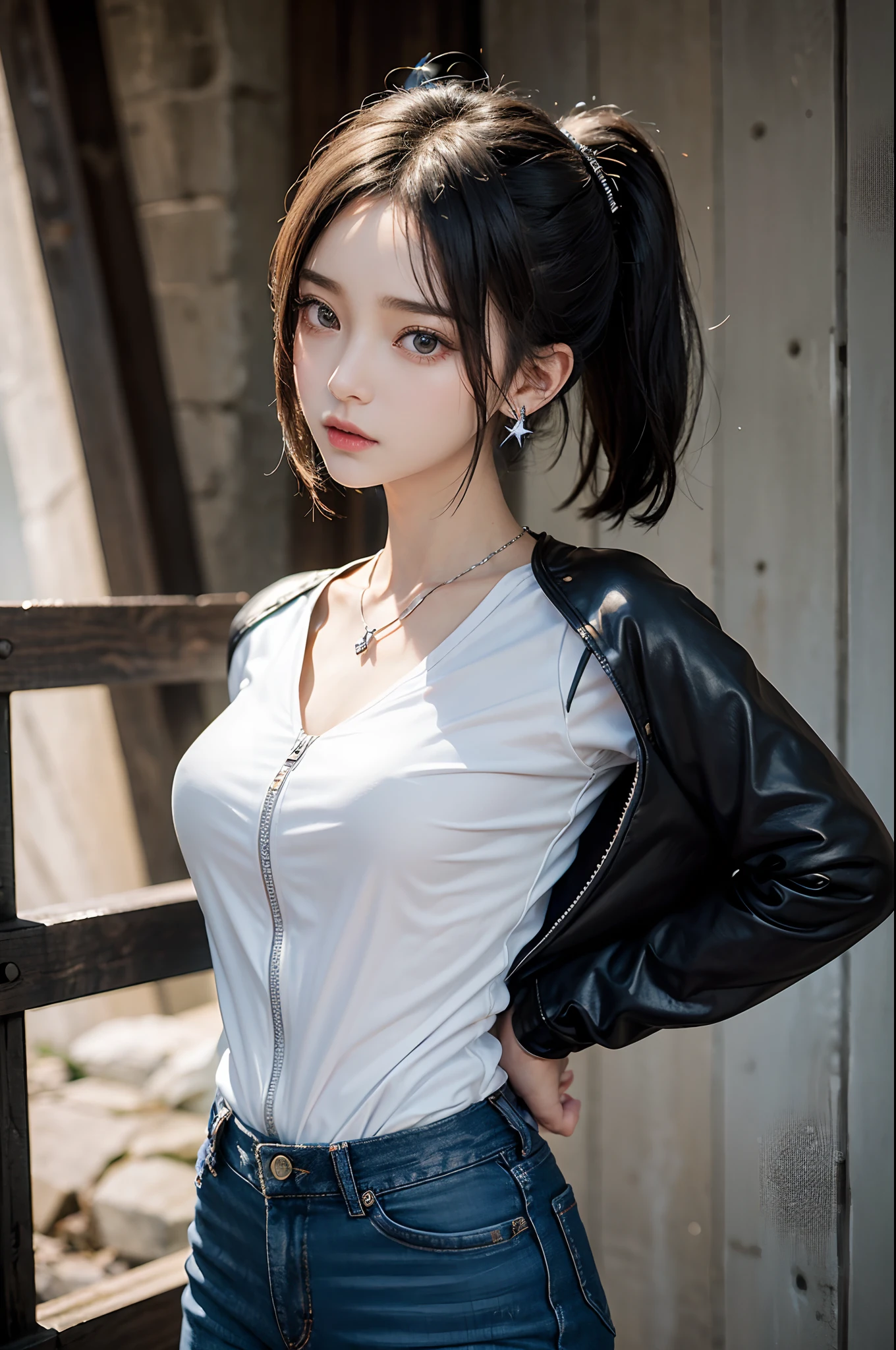 masterpiece、1 Beautiful Girl、A detailed face、A detailed eye、Detailed skin、top-quality、japanes、Illuminated from the front with bright lighting、profetional lighting、The background is a little blurry、short-hair(poneyTail)、The costume is black leather jeans(The front zipper is always open./Plain white T-shirt underneath)and black leather pants、Punkish girl、Tattoo of a star on the face、A glaring look、Angry、The background is an abandoned building、There is a guitar and a stand microphone beside it.、Wearing silver earrings、Wearing a silver necklace、