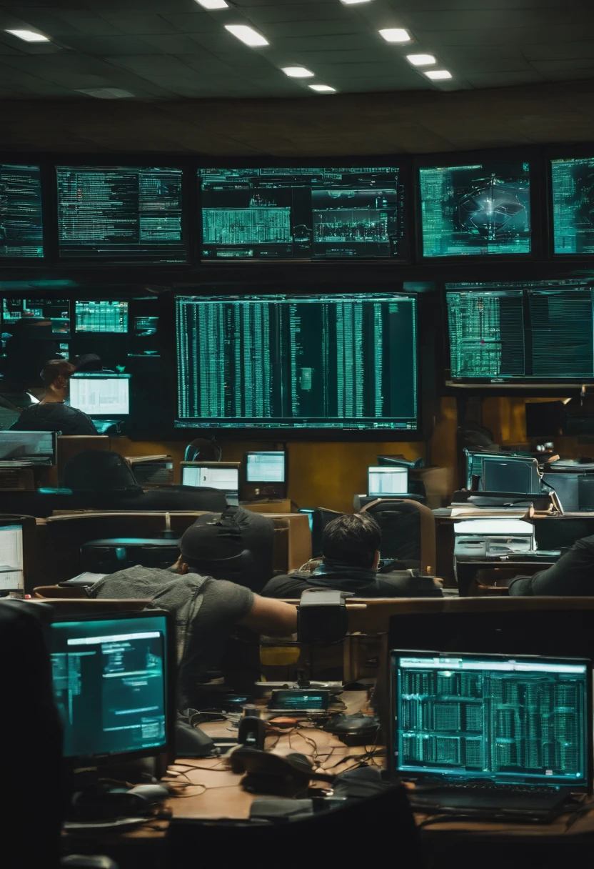 hackers profesional en un cuarto lleno de monitores vigilancia global