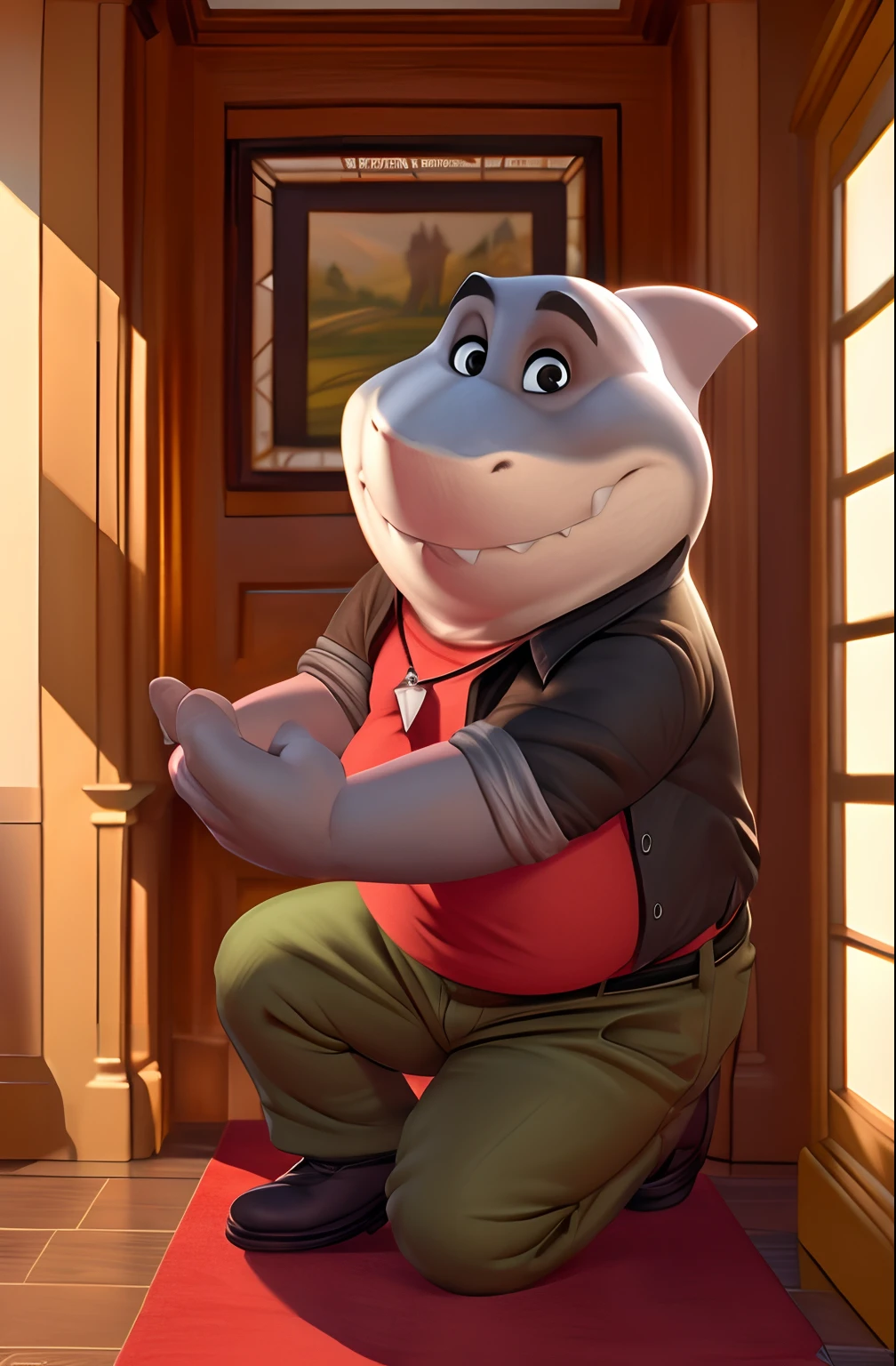 mr shark, plump, fat, belly, black eyes, (pose:1.3), (posing:1.3), (soft shading), 4k, hi res, five fingers, detailed hands, ((detailed face, (detailed eyes:1.0), detailed)), (full body), by zackarry911, by zaush, (by personalami:0.5), looking at viewer, shirt, 1boy, jacket, male focus, open clothes, pants, red shirt, dog tags, green pants, big head, giving a ring, proposing marriage
