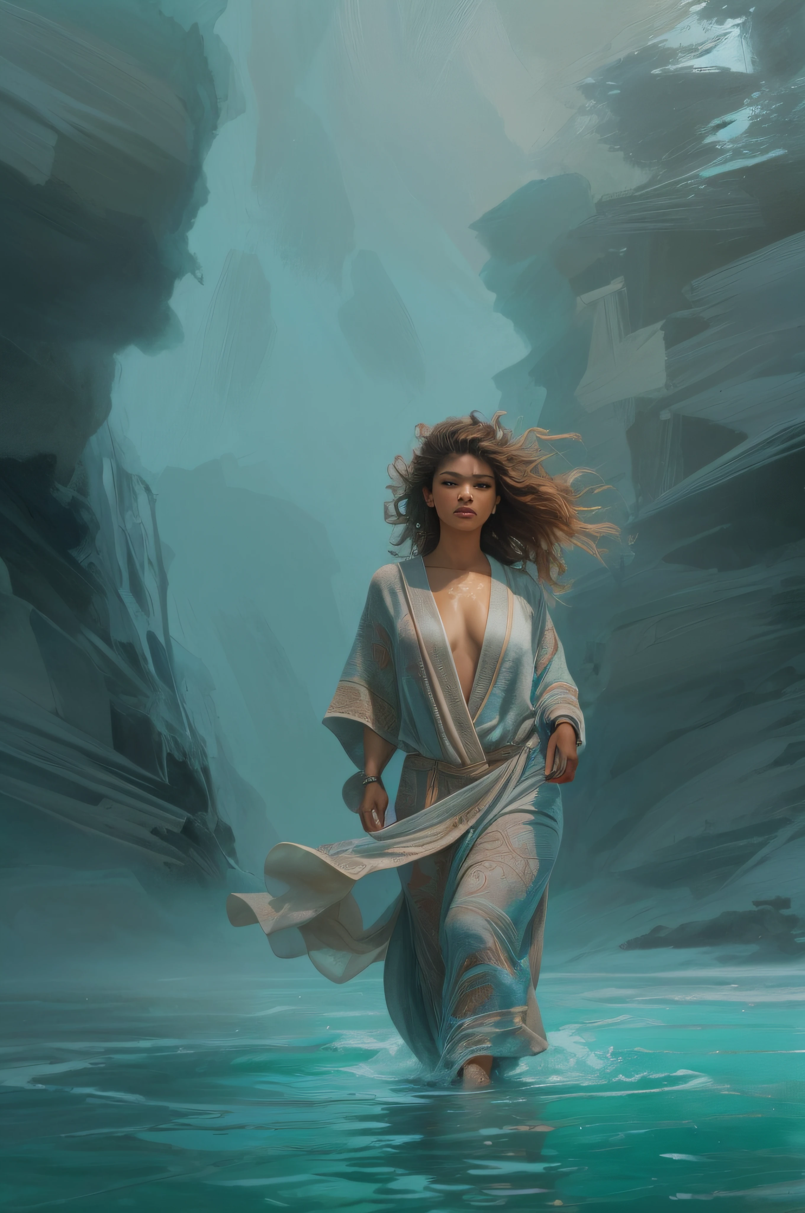 ultra realistic full body oil paint of Zendaya, a brown-haired american woman in wide open ice-blue bathrobe, which flies open with the heavy wind, allowing everyone to see her beautiful muscular body. She is walking in the water on the beach, wild hair, full body, enlightenment, 4k resolution, intricately detailed, cinematic, full body, detailed symmetric eyes, intricate details, beautiful detailed intricate face, Carne Griffiths and Wadim Kashin concept art, ominous, approaching perfection, highly detailed, smooth, treding os artstation, sharp focus, digital art, perfect composition, Yabadaba, hyperdetailed painting, ISO 200, 100mm, DLSR, dynamic, light studio, vibrant, art by Alyssa Monks