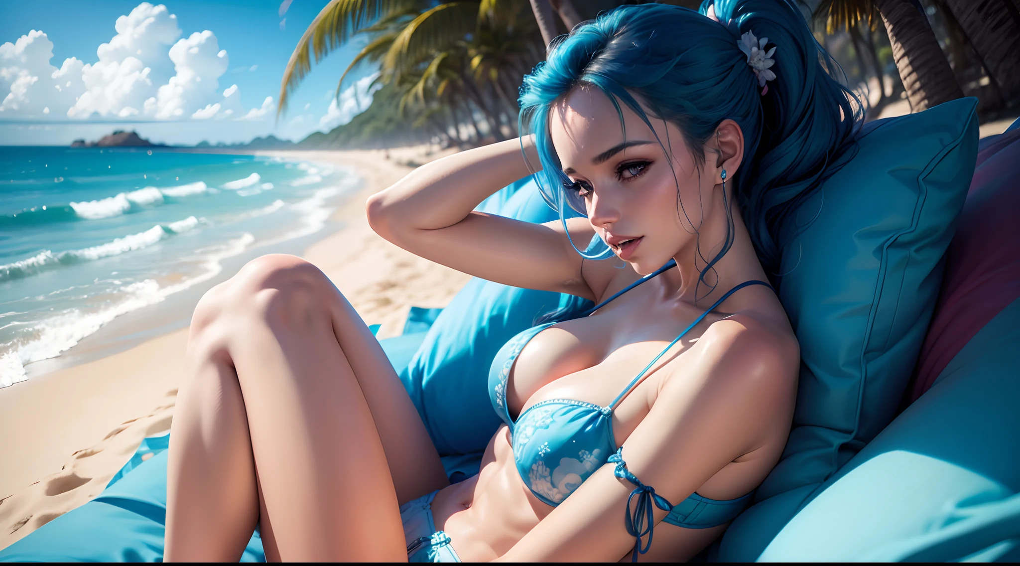 mulher sensual ouvindo musica com fone de biquini fio dental azul  de bolinhas pretas, ao lado de seu lobo selvagem branco na praia