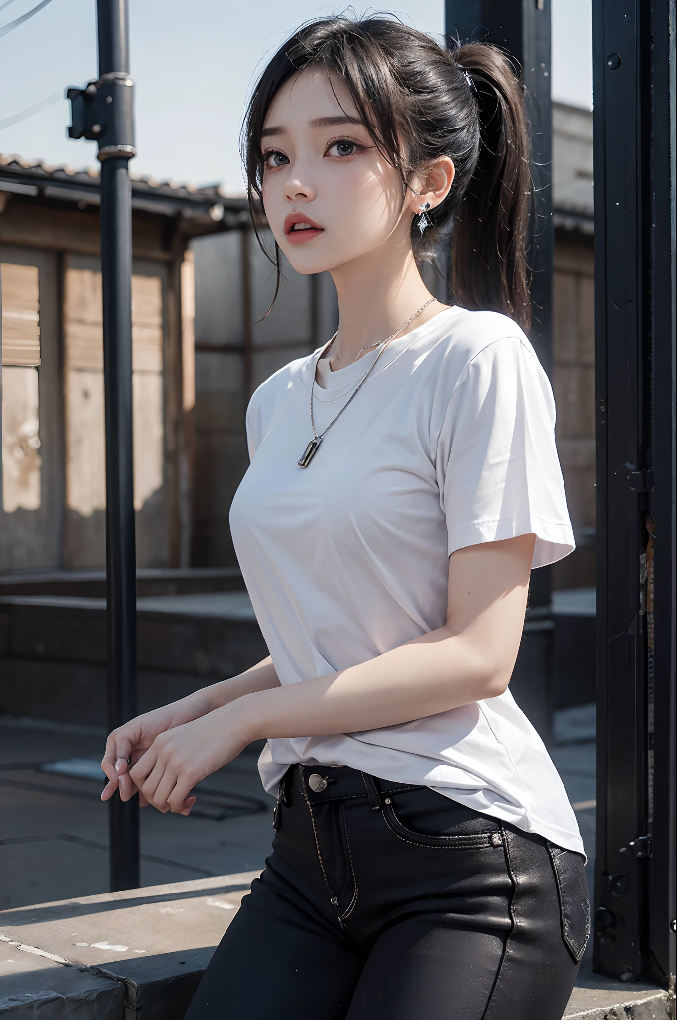 ​masterpiece、1 Beautiful Girl、A detailed face、A detailed eye、Detailed skin、top-quality、japanes、Illuminated from the front with bright lighting、profetional lighting、The background is a little blurry、short-hair(poneyTail)、The costume is black leather jeans(The front zipper is always open./Plain white T-shirt underneath)and black leather pants、Punkish girl、Tattoo of a star on the face、A glaring look、Angry、The background is an abandoned building(natta)、There is a guitar and a stand microphone beside it.、Wearing silver earrings、Wearing a silver necklace、