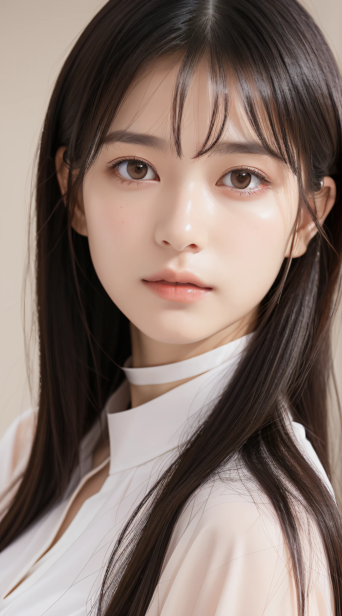 1womanl, (up of face:1.5), Black hair, Blunt bangs, hair behind ear, hair over shoulder, Long hair, Ultra Fine Face, Thin face, Delicate lips, (beautidful eyes:1.5), thin blush, eyes are light brown,View here, （Hands hide）, formal jackets, a choker ,Port Area ,One-person viewpoint,  8K, masutepiece, nffsw, Super Detail, High quality, Best Quality, hight resolution,