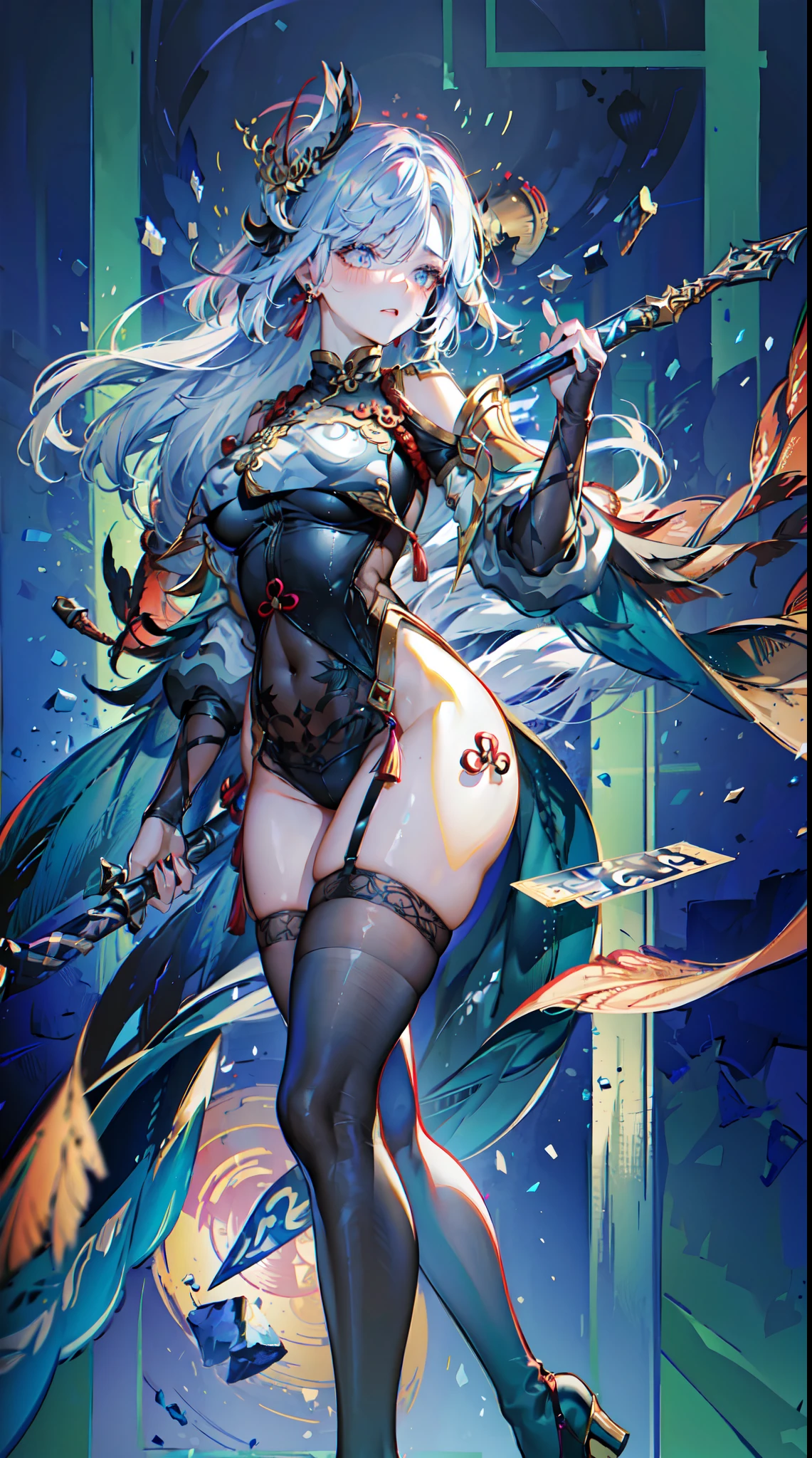 (Masterpiece, Best quality, High quality:1.4), Professional artwork, Intricate details, Field of View, Sharp focus, Detailed painting, Masterpiece, Cinematic lighting, (Vivid lighting, Vibrant colors, Shen He), (,A MILF:1.1), (Curvy:1.1), standing, (Full body shot:1.1),Long hair, lipstick, Makeup, Ultra Detail Hair, Ultra Detail Face,, Perfect eyes, Perfect face, (Confused, Blush:1.2), (black thighhigns, a garter belt:1.1),high-heels,
(Large breasts:1.1), cleavage, Big ass, Thighs,