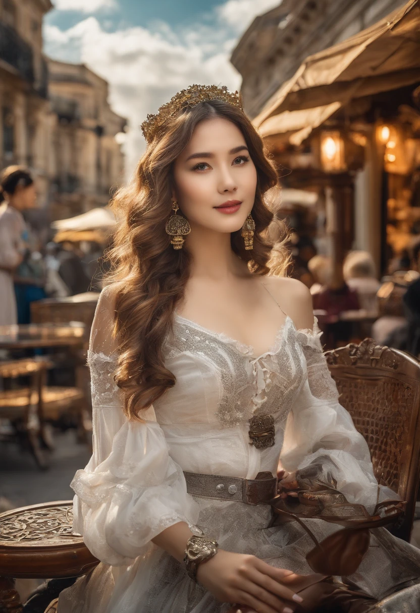NSFW, (8k, best quality, masterpiece:1.2), (realistic, photo-realistic:1.37), ultra-detailed, 1 girl, looking at viewer, cute, beautiful detailed sky, detailed cafe, sitting at a table with afternoon tea, full body, (smile:1.15), closed mouth, medium breasts, lacy lingerie, choker, beautiful detailed eyes, daytime, sunshine, white lace, (long hair:1.4), shoulder-length hair, silver hair, elaborate and colorful earrings, white skin, cinematic light, blurry people passing by on the street, street light, (hottiest actress:1.4), full body image, (tea table:1),(hand bag:1), ulzzang-6500-v1.1:0.3, karinak-4501-6300:1.2, naked
