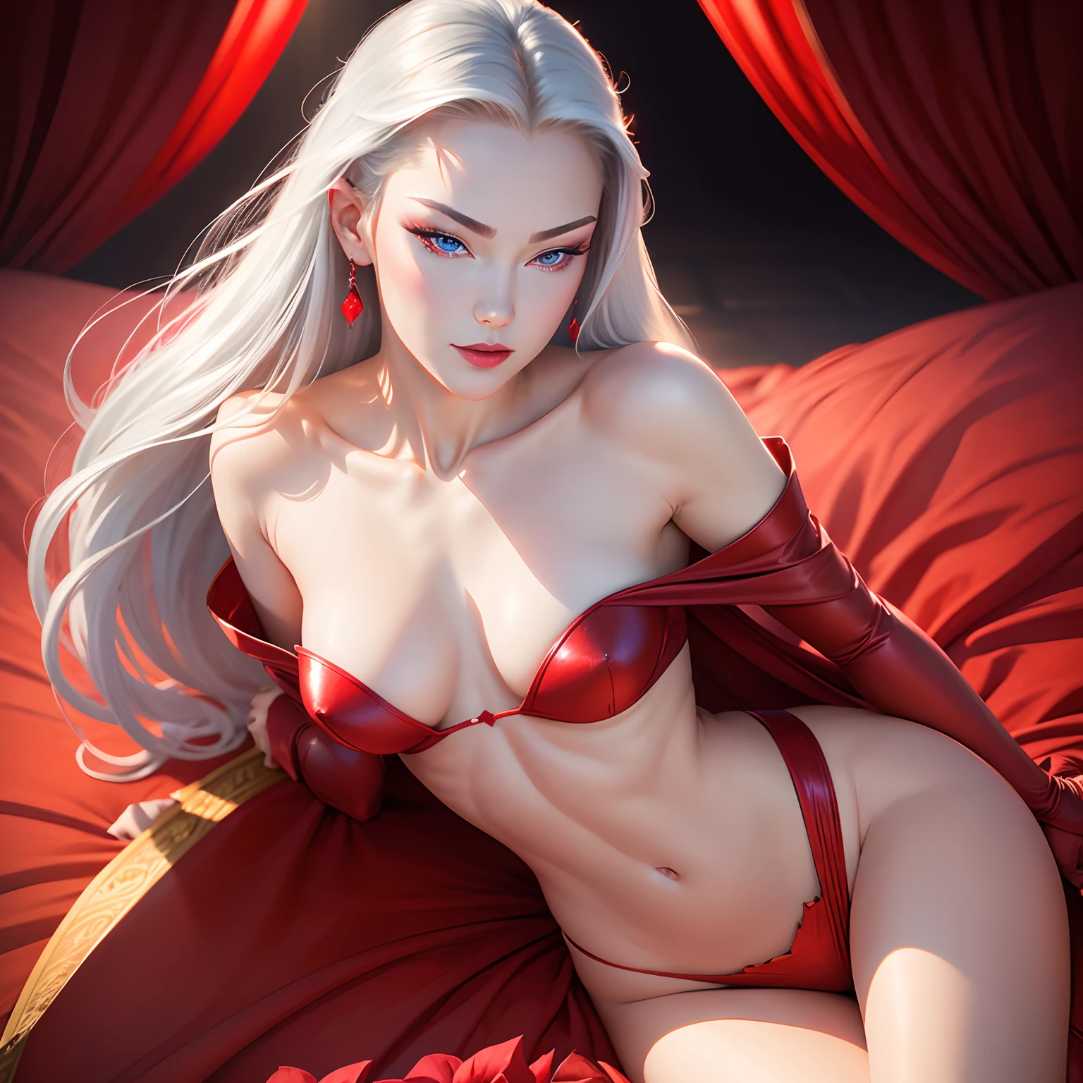 The best images, Portrait, Female, Sexy, Beautiful, Cute, flat chest, Abs, slender, Amorous expression, lewd expression, Ecstasy, , Light silver shiny flowing layered iridescent hair, blue shining eyes, Red seductive moist lips, Red long dress, Red Long Glove, Background Royal Palace, Lots of falling petals, Professional Lighting
