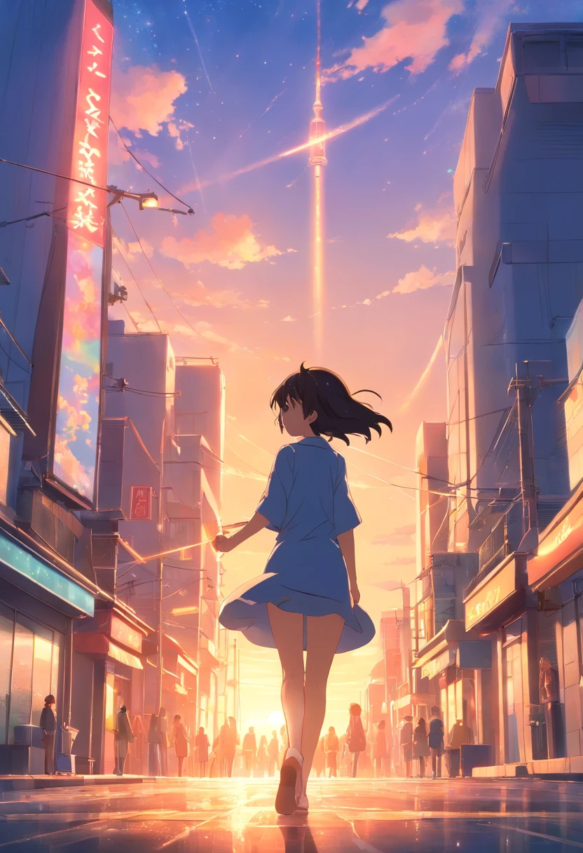 ​masterpiece、top-quality、Movie stills、1womanl、A dark-haired、云、floating in sky、People look small、glitters、Happiness、Warm and soft sunset、the setting sun、(Spark:0.7)