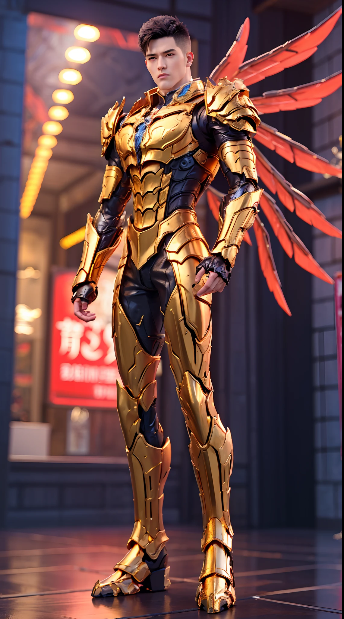A MAN, HANDSOME FACE, GOLD DRAGON, MECHA ARMOR FULL SUIT, (A PAIR LARGEST WINGS), TRANSPARANT, TALL LEGS, STANDING, MUSCULAR BODY.