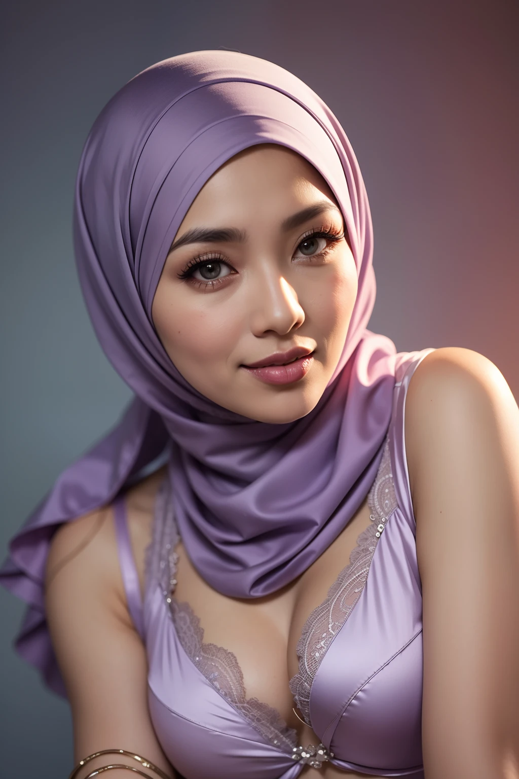 Matured Malay women in hijab wearing sexy satin lace lilac color pajamas portrait photography, 35 years old, mid shot photo, ultra detail, professional photograph with professional lighting, smile, light blue studio background, sexy seducing pose, curvy,