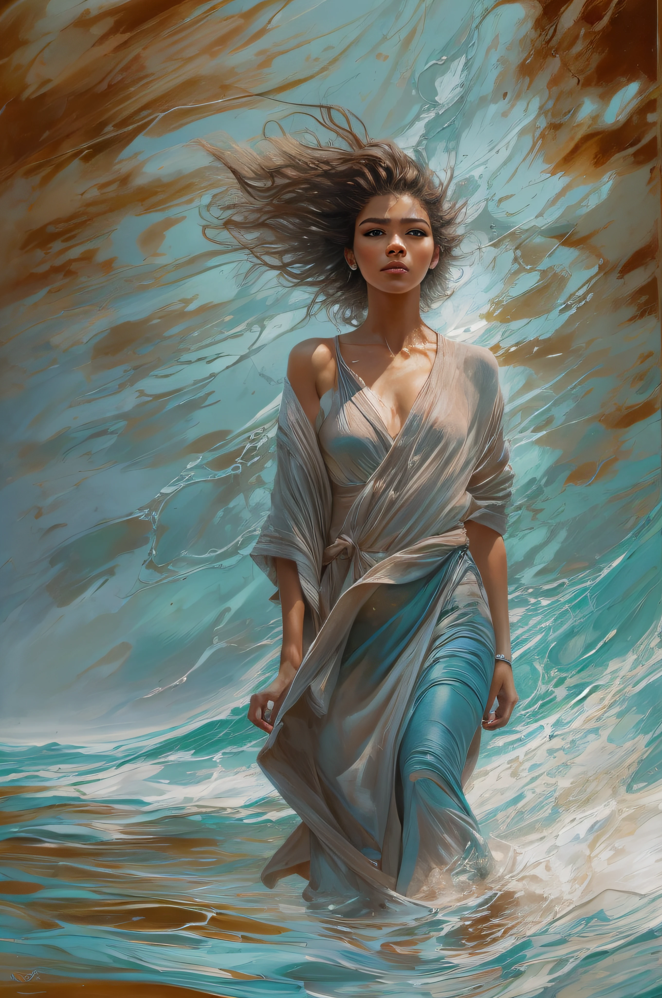 ultra realistic full body oil paint of Zendaya, a brown-haired American woman in a wide open ice-blue bathrobe, which flies open with the heavy storm wind, allowing everyone to see her beautiful very muscular body. She is walking in the water on the beach, with wild hair, full body, enlightenment, 4k resolution, intricately detailed, cinematic, full body, detailed symmetric eyes, intricate details, beautiful detailed intricate face, Carne Griffiths and Wadim Kashin concept art, ominous, approaching perfection, highly detailed, smooth, treding os artstation, sharp focus, digital art, perfect composition, Yabadaba, hyperdetailed painting, ISO 200, 100mm, DLSR, dynamic, light studio, vibrant, art by Alyssa Monks