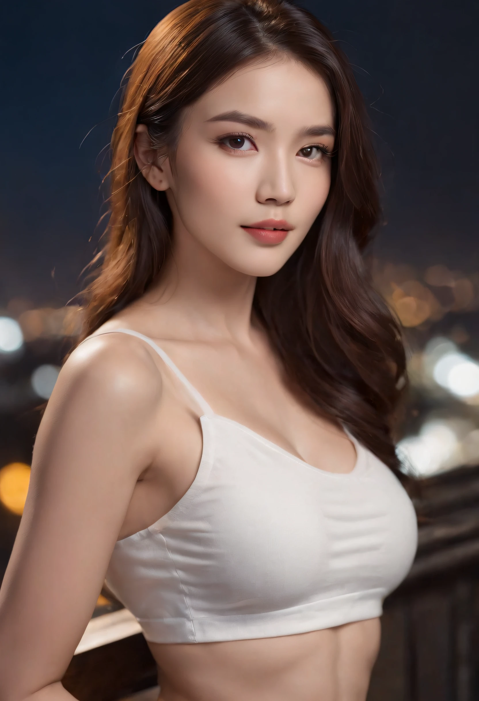 ((Midnight, Best quality, 8k, Masterpiece :1.3)), Whole body, Long legs, Sharp focus :1.2, A pretty woman with perfect figure :1.4, Slender abs :1.1, ((Dark brown hair, Big breasts :1.2)), (White tight tshirt, Jean bib, Standing:1.2), ((Night city view, Rooftop:1.3)), Highly detailed face and skin texture, Detailed eyes, Double eyelid