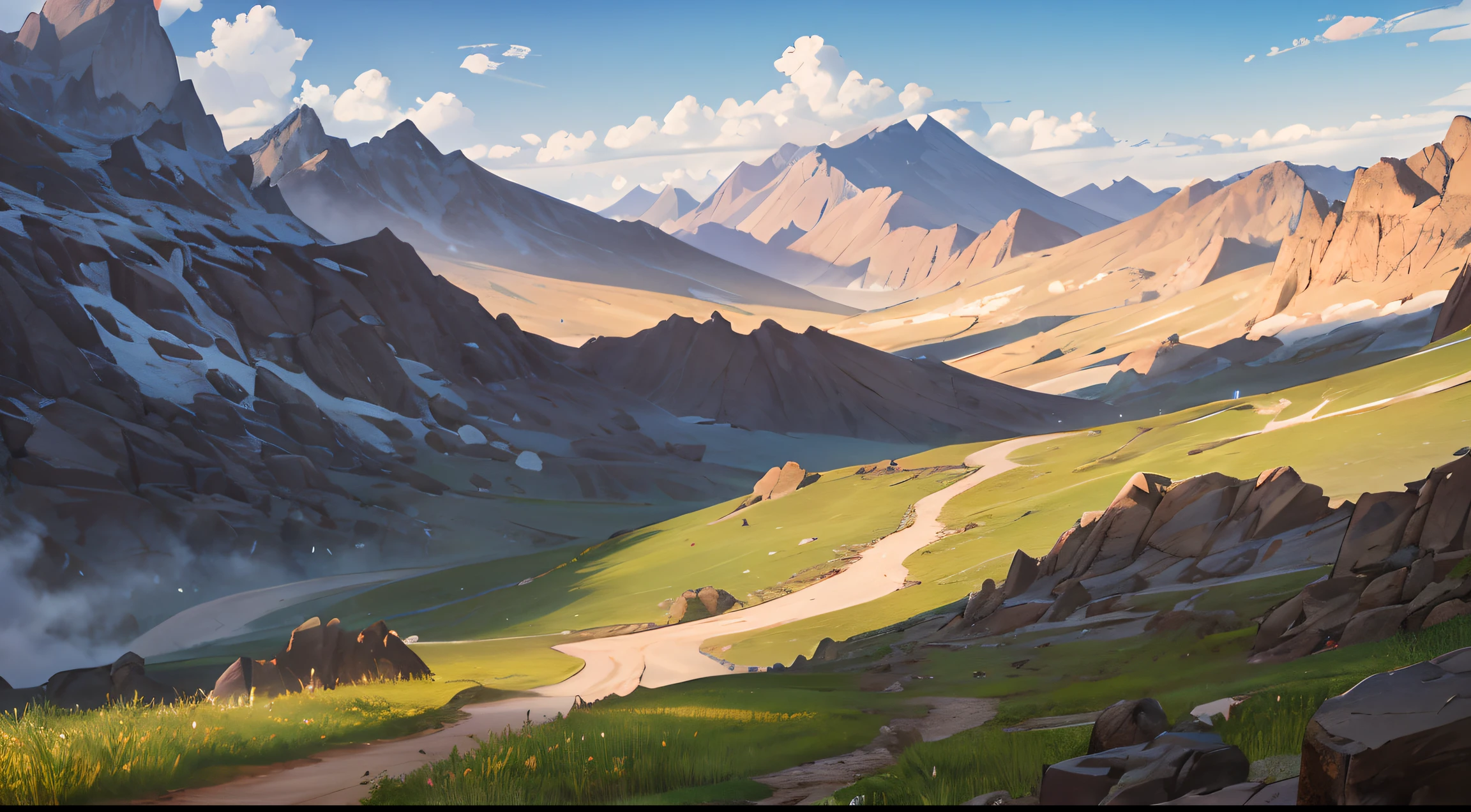 there is a dirt road going through a grassy valley with mountains in the background, beautiful render of a landscape, most epic landscape, mountainscape, epic beautiful landscape, beautiful mattepainting, epic landscape, photorealistic landscape, an amazing landscape image, an epic landscape, matte digital painting, mountainside, mountainous setting, middle earth landscape, mountainous background, fantasy style