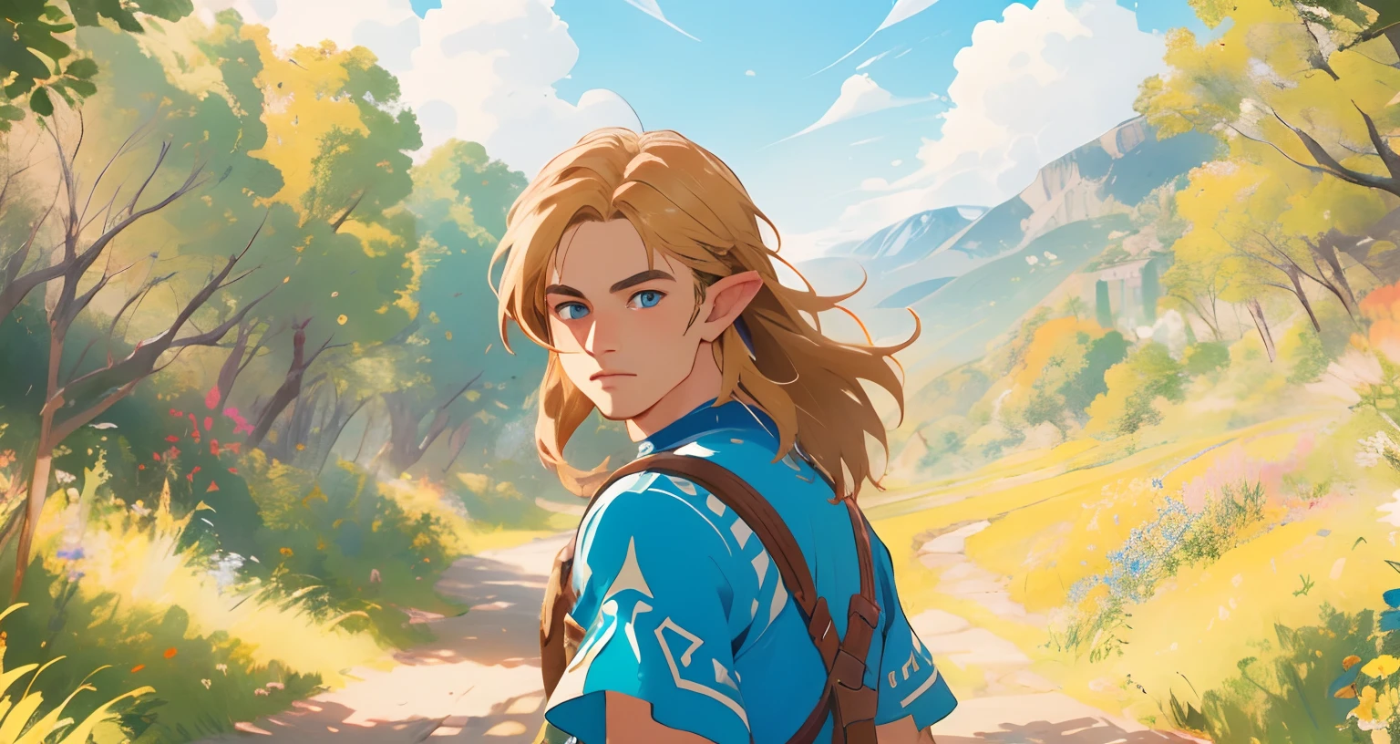 (Award Winning Digital Artwork:1.3) of (Ultra detailed:1.3) solo male, 1 guy, (bright blue eyes), (blond hair 1.3), beautiful forest, handsome, straps, gorgeous,CGSociety,ArtStation, forest, fantasy, breath of the wild, botw, extremely detailed face, detailed face, beautiful detailed eyes, clear eyes, beautiful hair. Hyrule kingdom, rolling hills, amazing background, beautiful fields, (wildlife) wide open fields, dancing grass, blue skies, lovely skies, big clouds, masterpiece, perfections, wallpaper, 8k, link, tloz, ((handsome man)) looking back at viewer, adventurer