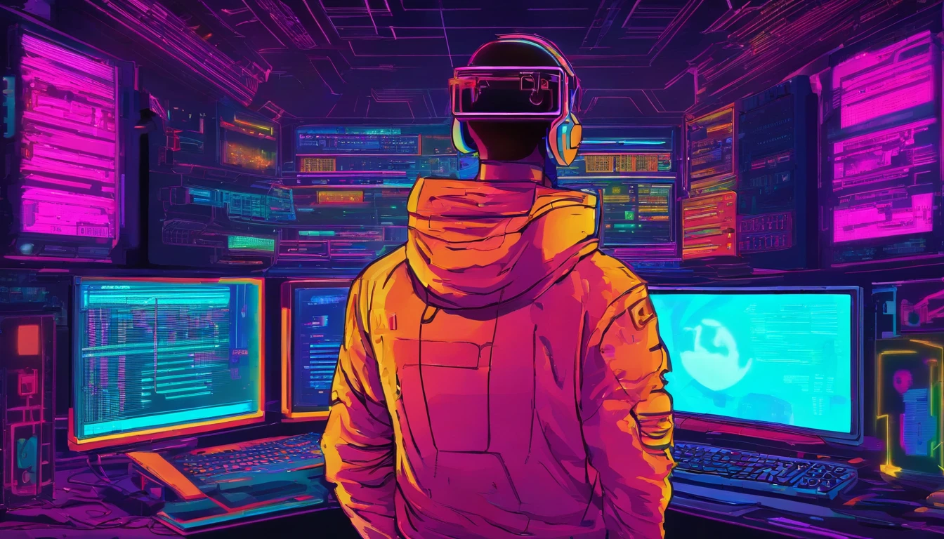 hacker profesional en un cuarto lleno de monitores vigilancia global