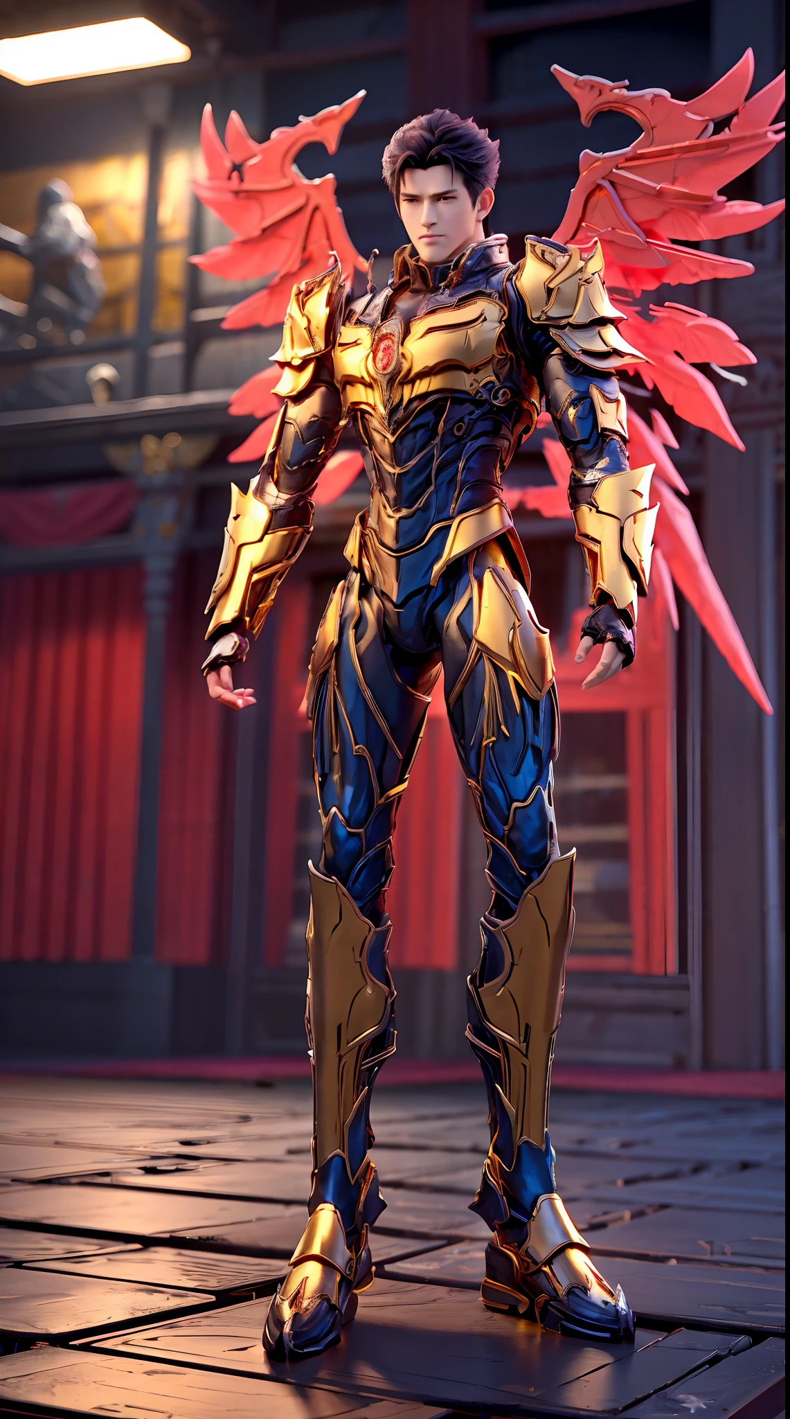 A MAN, HANDSOME FACE, GOLD DRAGON, MECHA ARMOR FULL SUIT, (A PAIR LARGEST WINGS), TRANSPARANT, TALL LEGS, STANDING, MUSCULAR BODY.