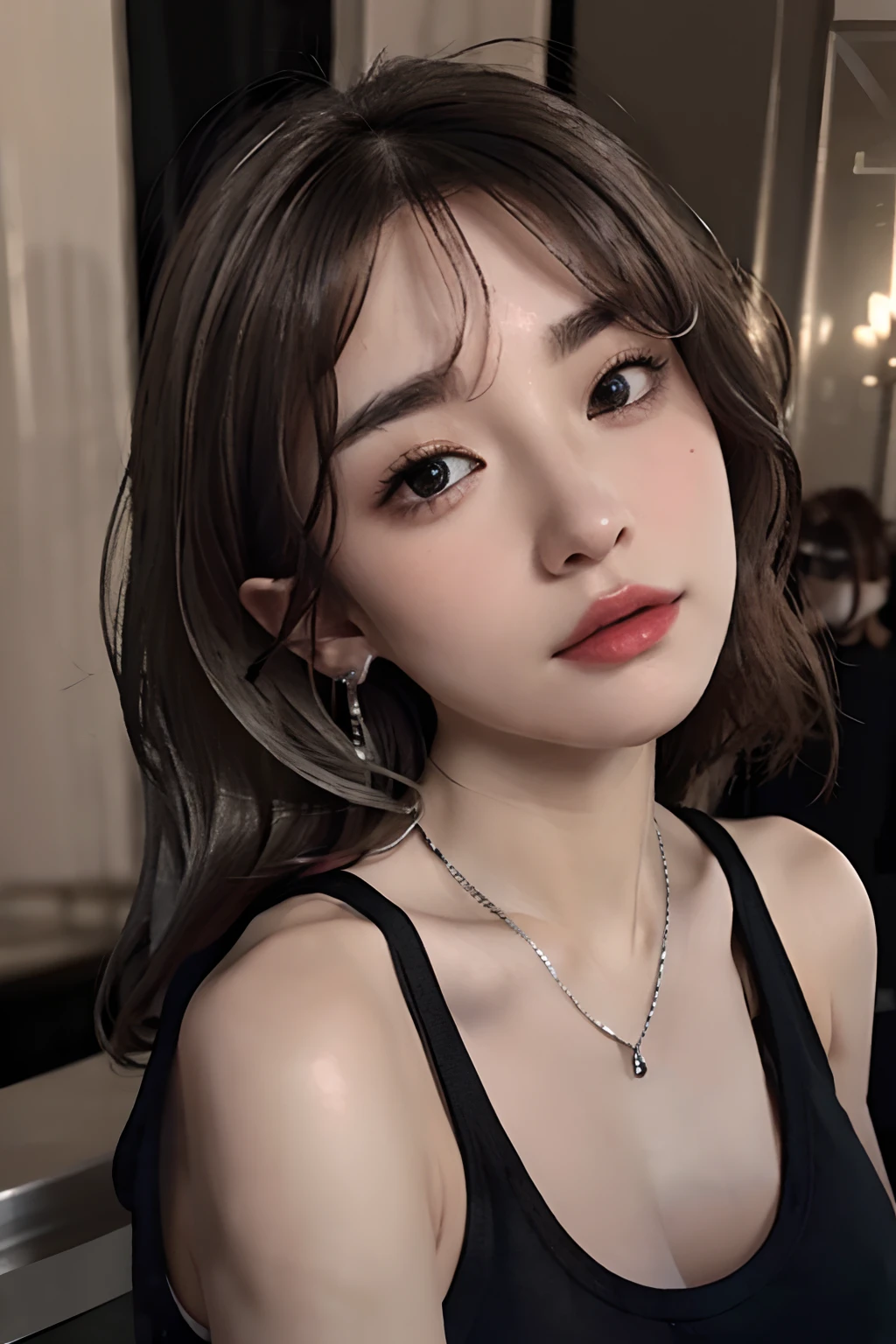 (8K:1,5),Light brown shorthair and silver mix,、disheveled hair、Light brown eyes、(dignified expression)、(爆乳:1.5)、Emphasize the valley、(Photorealsitic)、Shadow、(The face of the golden ratio:1.2)、(intricate detailes:1.2)、(​masterpiece、:1.3)、(top-quality:1.4)、(超A high resolution:1.2)、超A high resolution、(A detailed eye)、(Detailed ears）、(Detailed eyebrows)、（Detailed mouth）、(detailed facial features)、((Silver necklace))、Luxury Night Bar,(gals:1.2),(Black tank top:1.4),